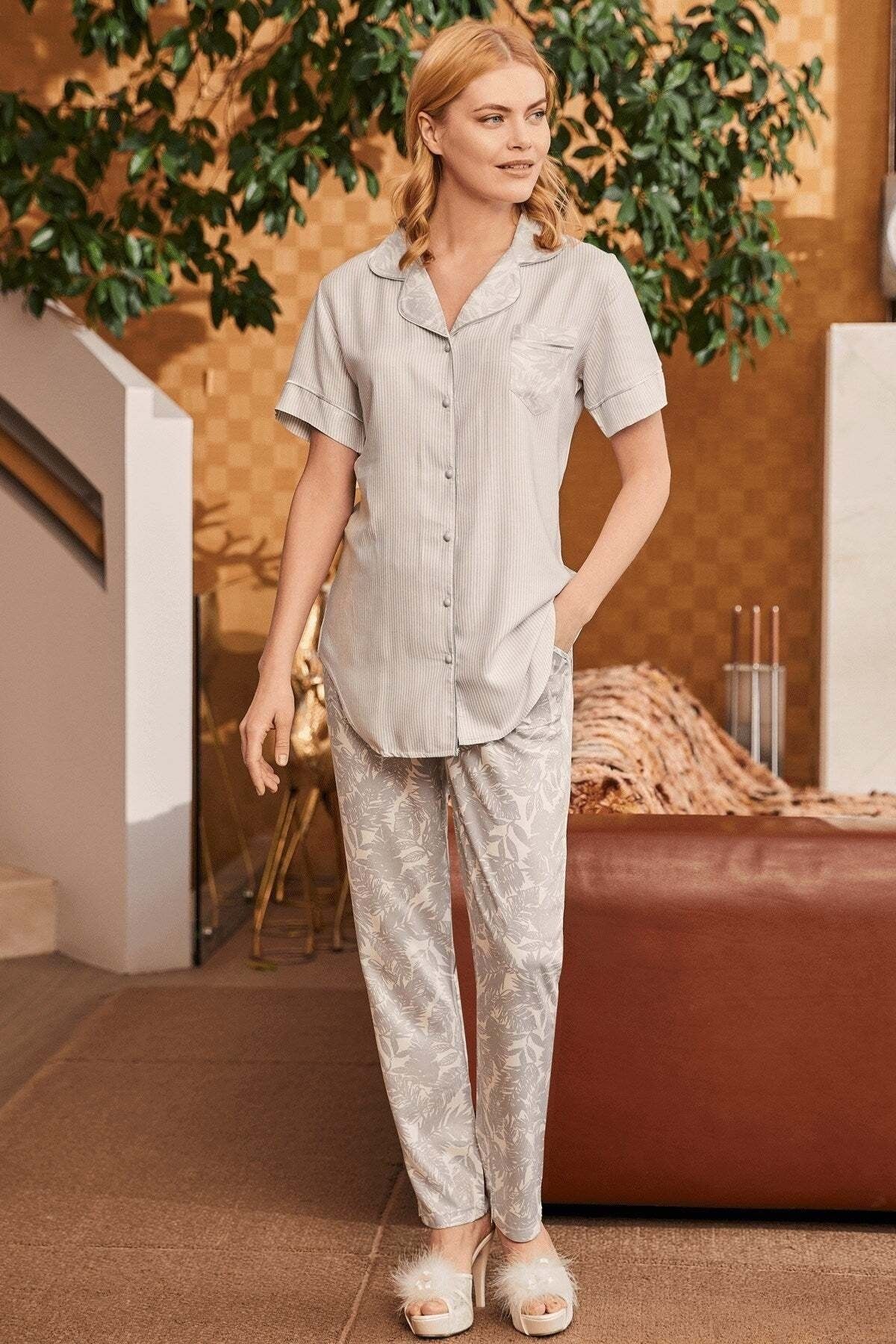Genel Markalar 5144 Önden Düğmeli Pembe Kısa Kol Kadın Pijama Takımı