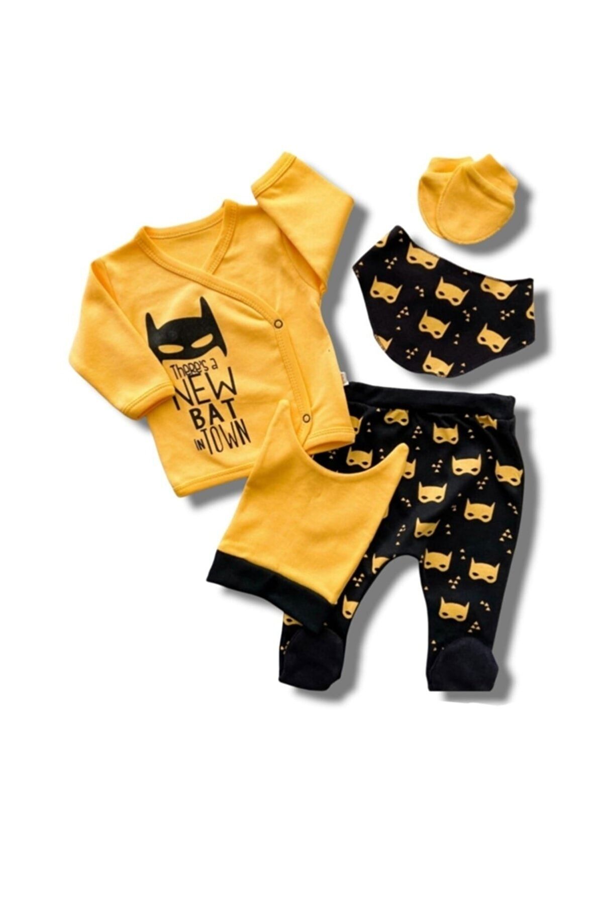 Mai Perla Batman Kostüm Erkek Bebek 5'li Fotoğraf Çekimlik Kostüm Hastane Çıkış Seti Sarı 1005445