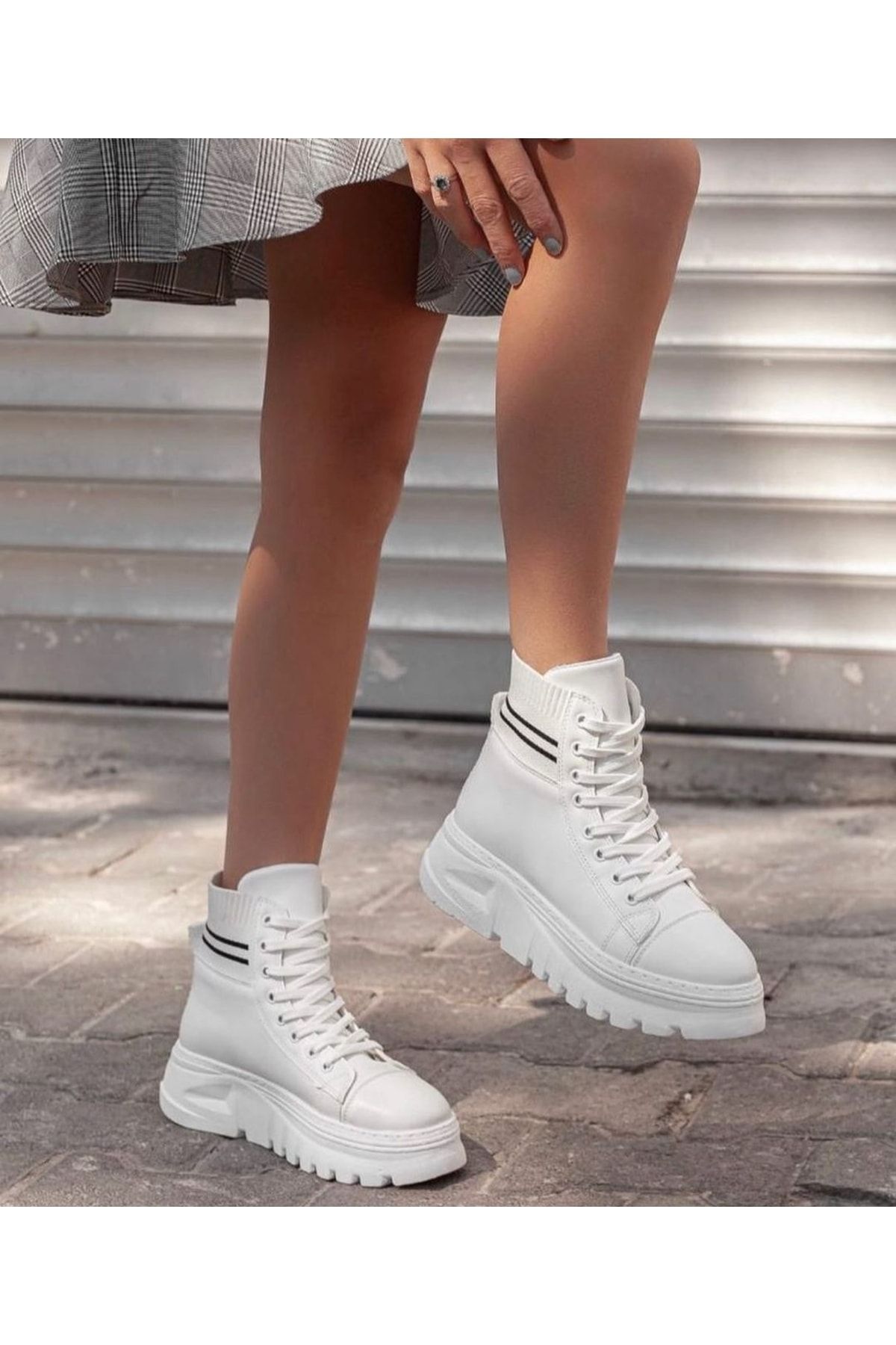 Afilli Kadın Beyaz Kalın Platform Taban Triko Sneaker Günlük Rahat Bağcıkl Spor Kışlık Bot Ayakkabı