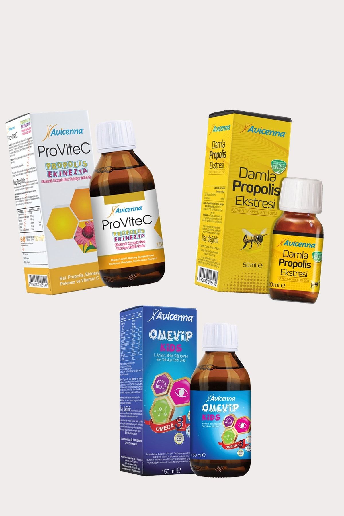 Avicenna Propolis, Omevip Kids Ve Provitec - Çocuklar Için Propolis / Omega 3 / C Vitamini Seti