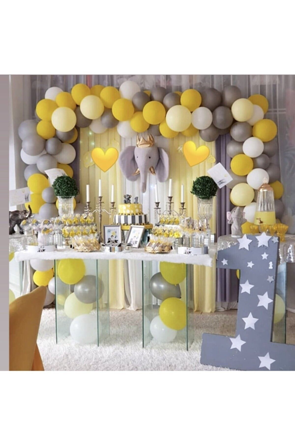 party mix Doğum Günü Balon Zinciri Sarı Gri Beyaz 55 Adet Balon Hastane Odası Süsleme Fil Konsept Bebek Odası