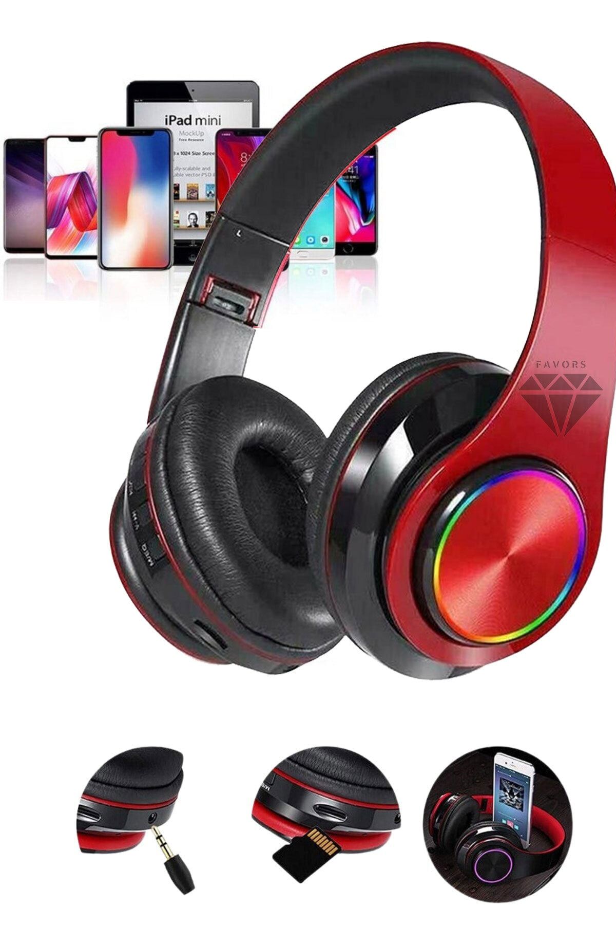 Favors B39 Bluetooth Kulaküstü Kulaklık Led Işıklı Mikrofonlu Kablosuz Kulak Üstü Kulaklık Kırmızı