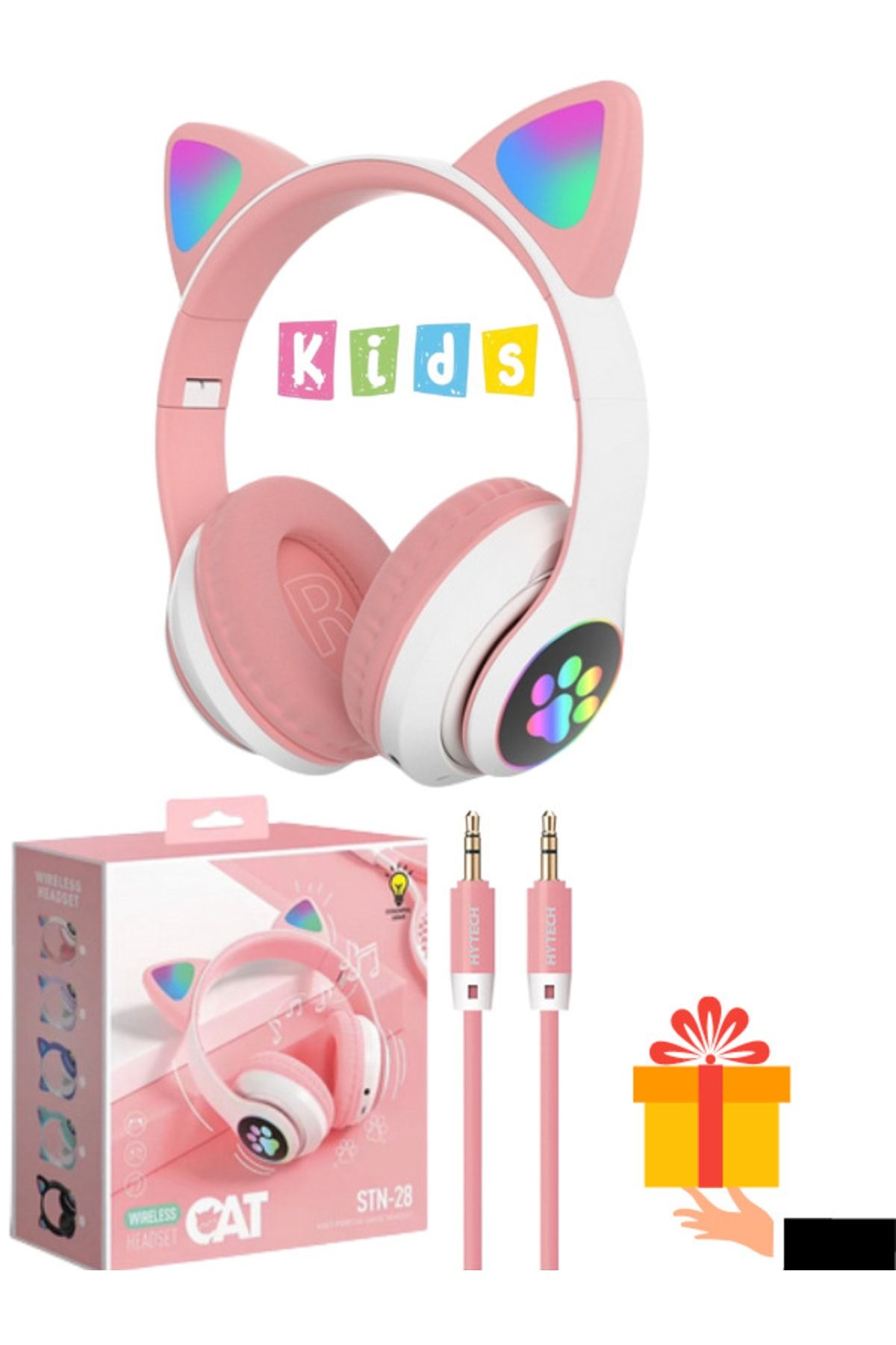 ELROND Vilya Kedi Kulağı Detaylı Bluetooth Kablosuz Kulaklık Çocuk Oyuncu Pembe Beyaz