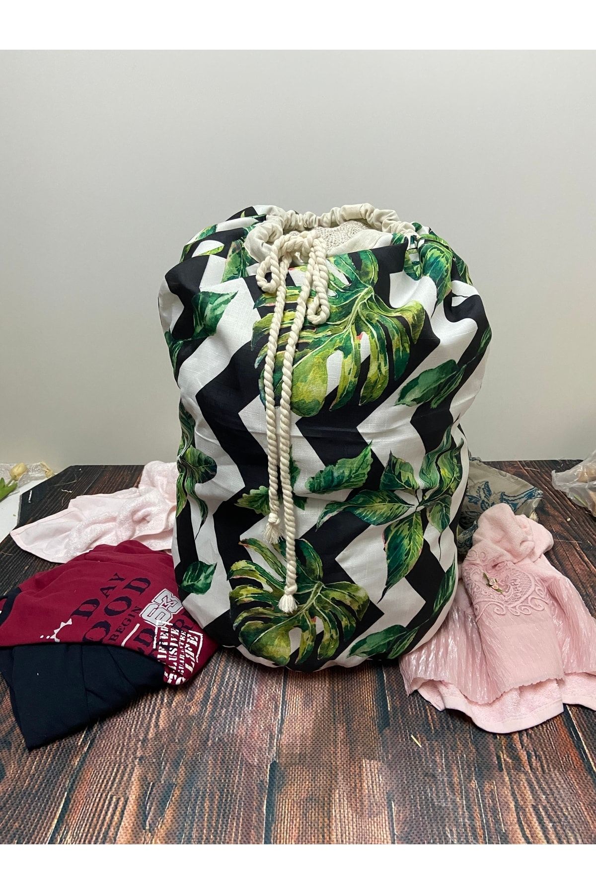 Çt Çeyizci Tekstil Çamaşır Torbası, Kirli Banyo Torbası, Düzenleyici Torba - Astarlı - Yeşil Yapraklı