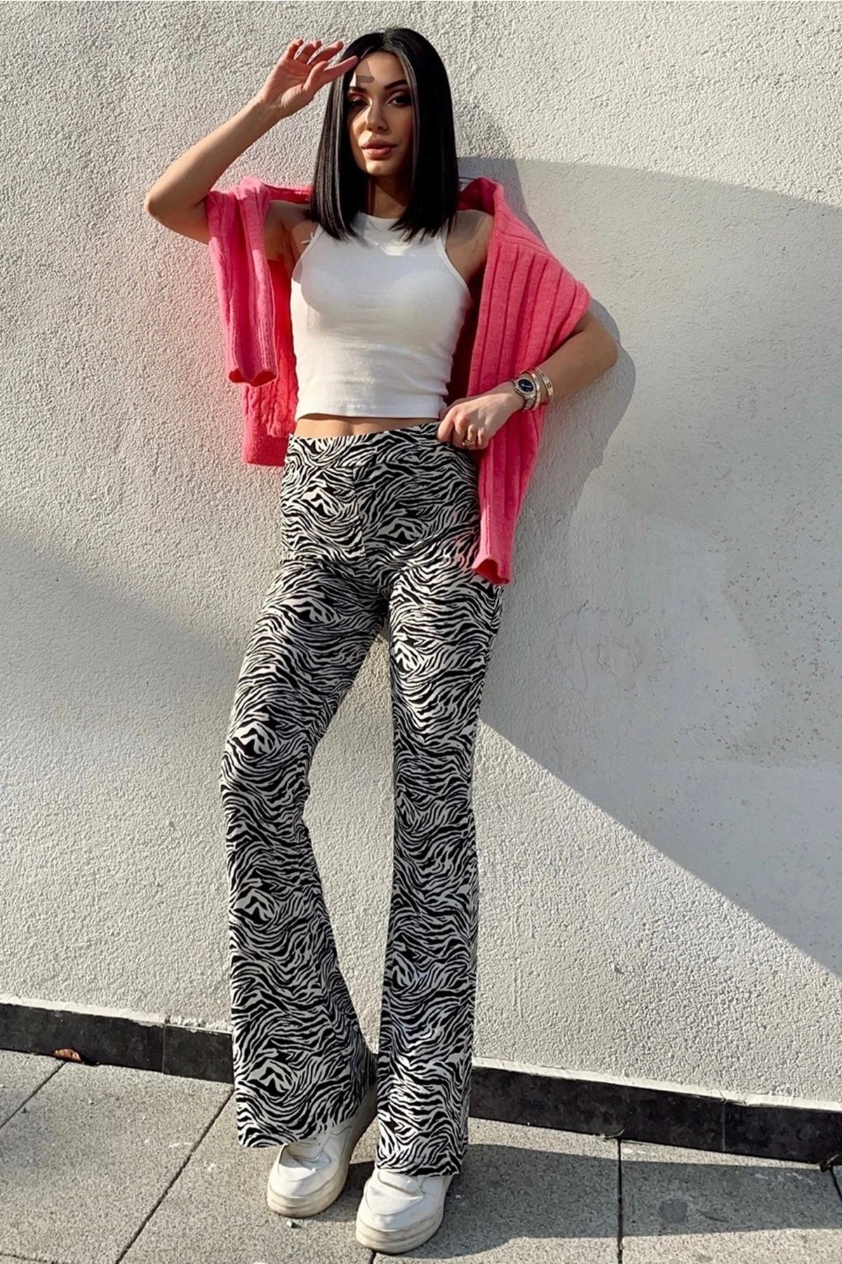 KaSheHa Zebra Desenli Ispanyol Paça Likralı Örme Pantolon 100 Cm