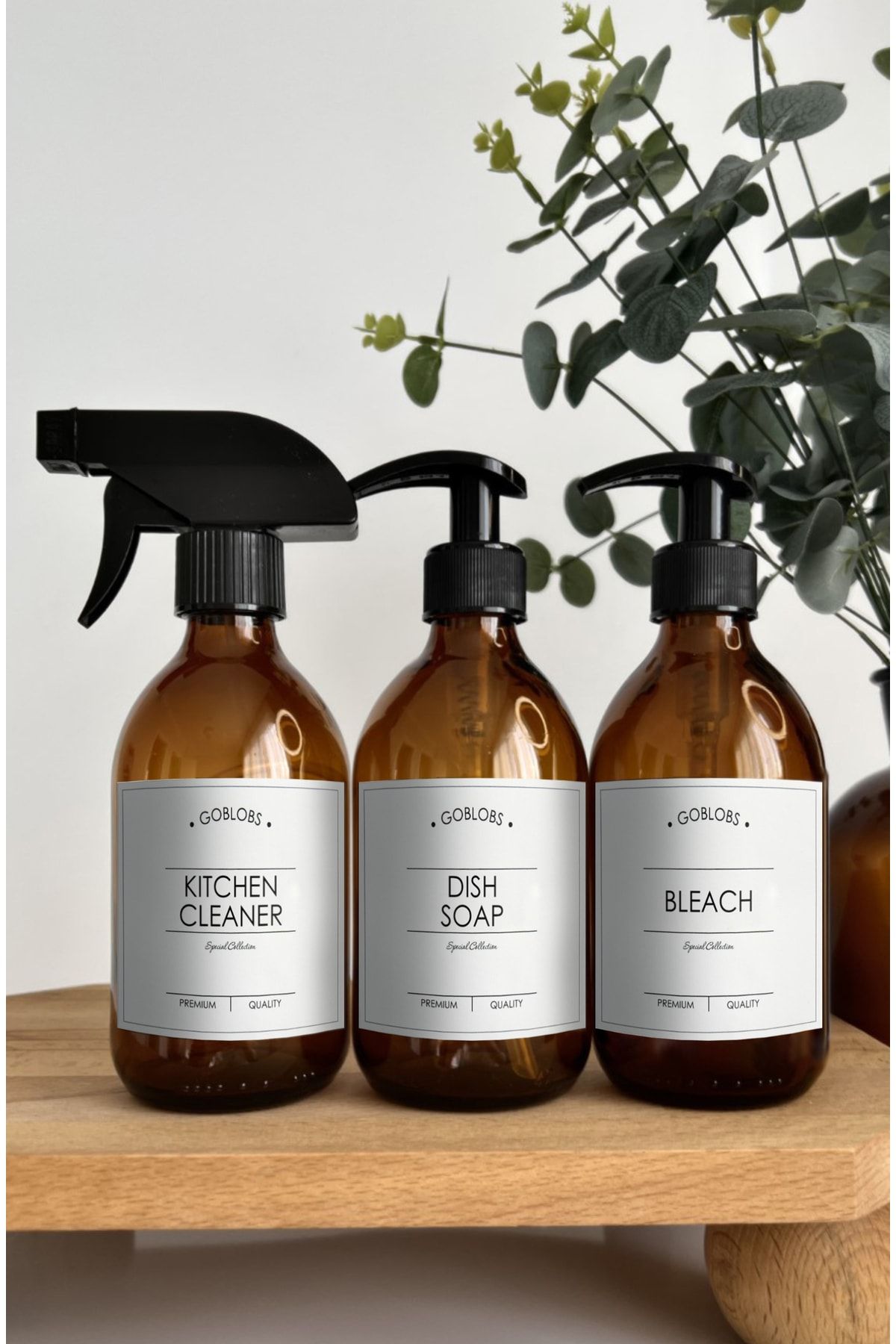 GO BLOBS 3'lü Set 300ml Amber Şişe Sprey Kitchen Cleaner & Dısh Soap & Bleach Beyaz