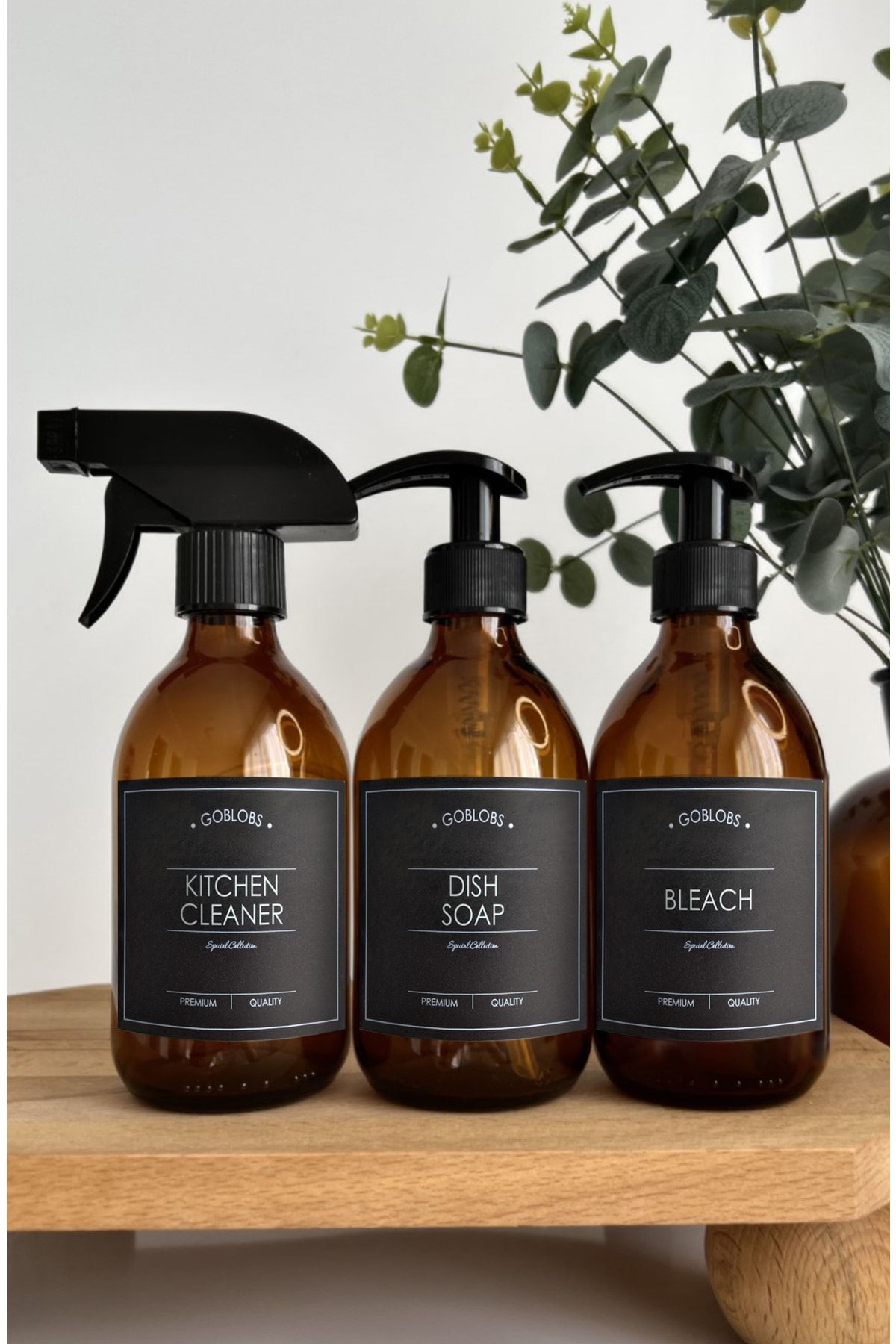 GO BLOBS 3'lü Set 300ml Amber Şişe Sprey Kitchen Cleaner & Dısh Soap & Bleach Siyah