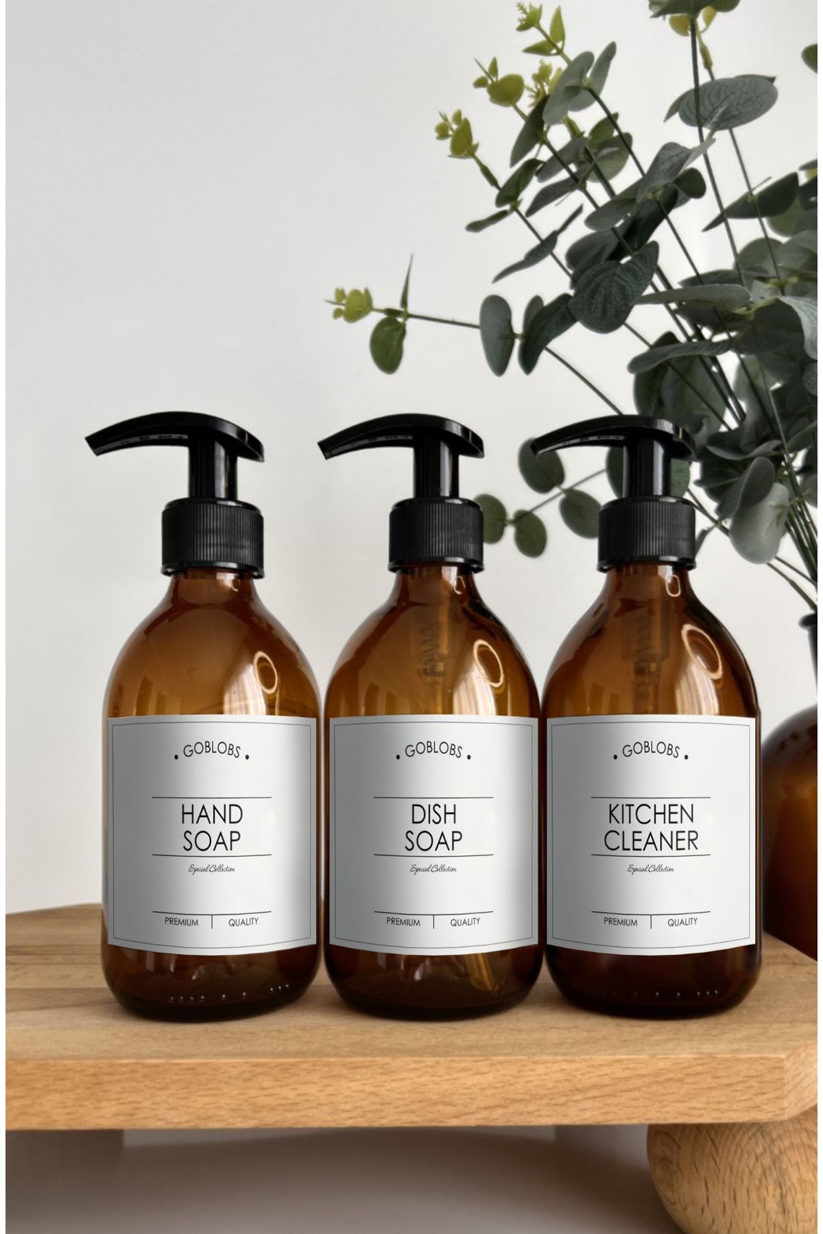 GO BLOBS 3'lü Set 300ml Amber Şişe Hand Soap & Dısh Soap & Kitchen Cleaner Beyaz