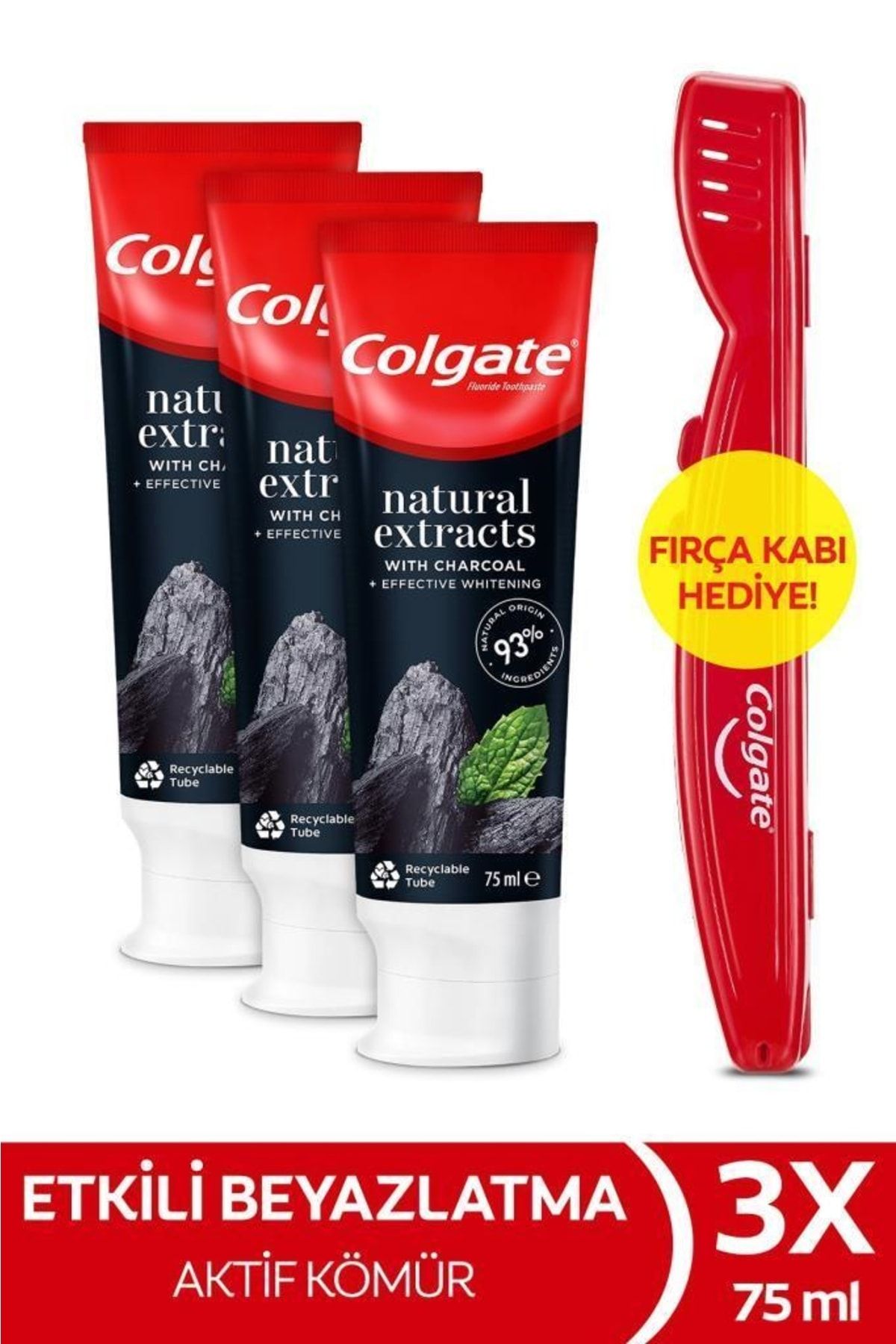 Colgate Natural Extracts Aktif Kömür Beyazlatıcı Diş Macunu 75 ml X3 Adet Fırça Kabı Hediye