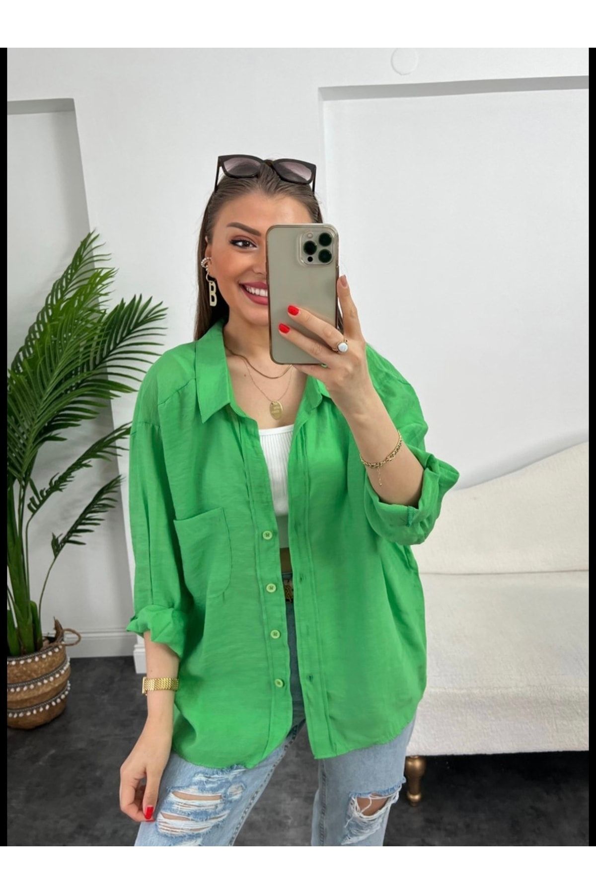 manana fashion Salaş Lyocell Yeşil Gömlek