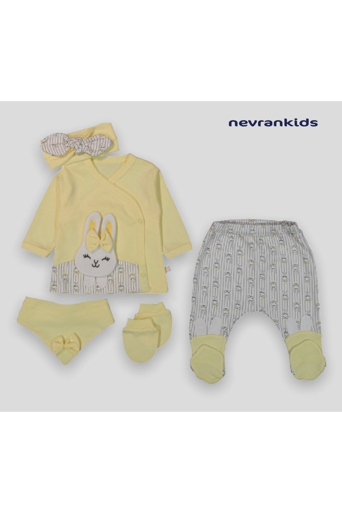 MİNİZEYN TEKSTİL Bebek Sarı Tavşanlı Bandanalı Yeni Doğan Pamuklu Zıbın Set 5 Li