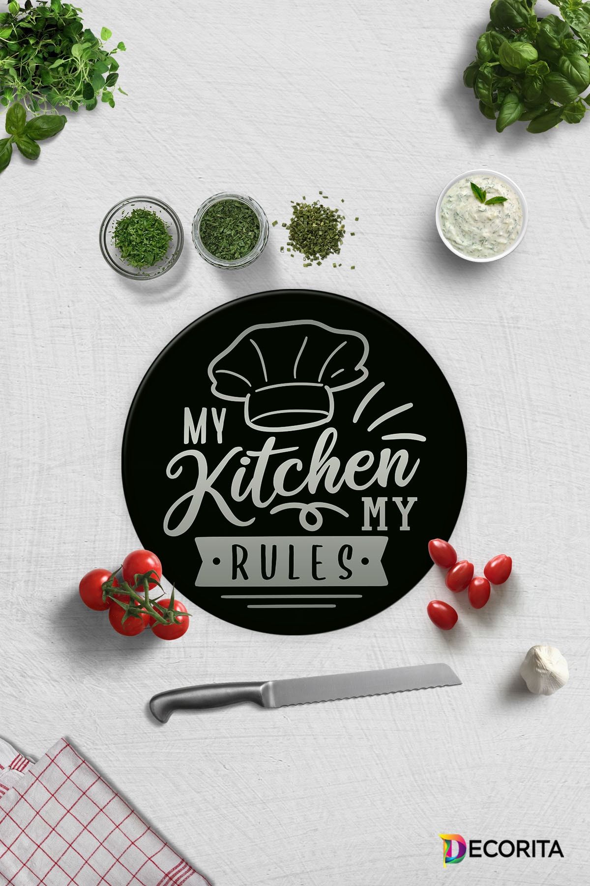 Decorita My Kitchen My Rules | Cam Kesme Tahtası - Cam Kesme Tablası | Çap 32cm