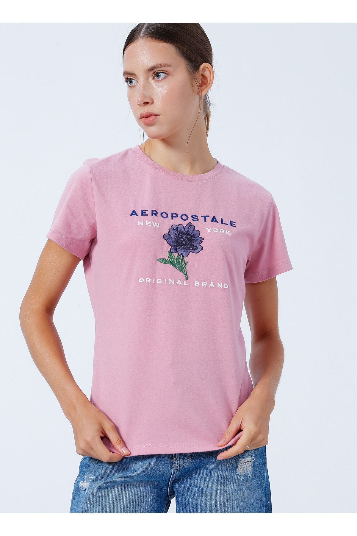Aeropostale Bisiklet Yaka Nakışlı Pembe Kadın T-shirt K-5920