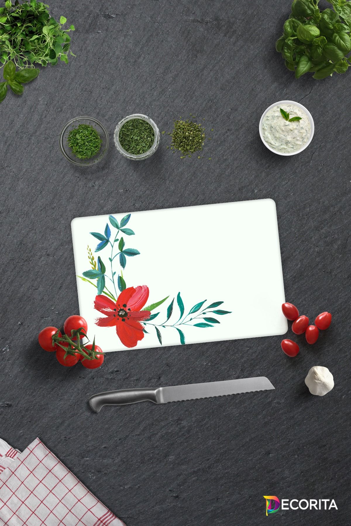 Decorita Çiçek Motifi Desenli | Cam Kesme Tahtası - Cam Kesme Tablası | 20cm x 30cm