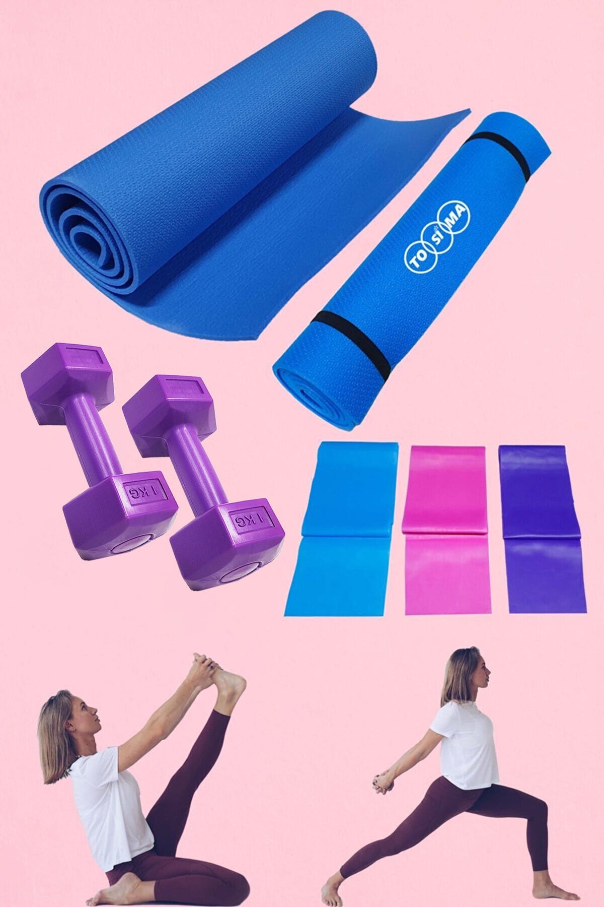 Tosima 7mm Pilates Minderi 3'lü Pilates Lastiği Ve 1 Kg Çiftli Dumbell Premium Egzersiz Seti