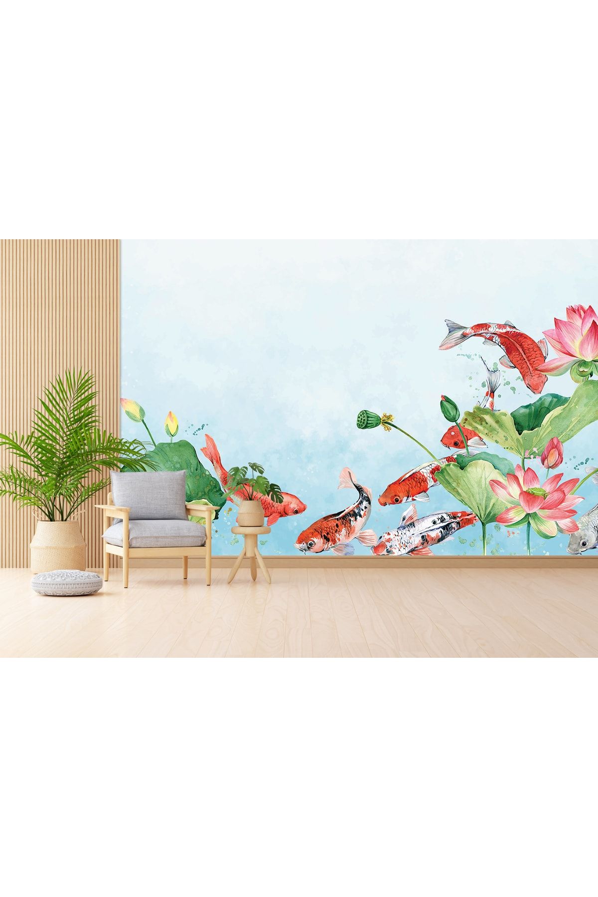 LOTUS AURA Renkli Balıklı Sulu Boya Salon Duvar Kağıdı, Balıklı Ve Çiçekli Çocuk Odası Duvar Resmi