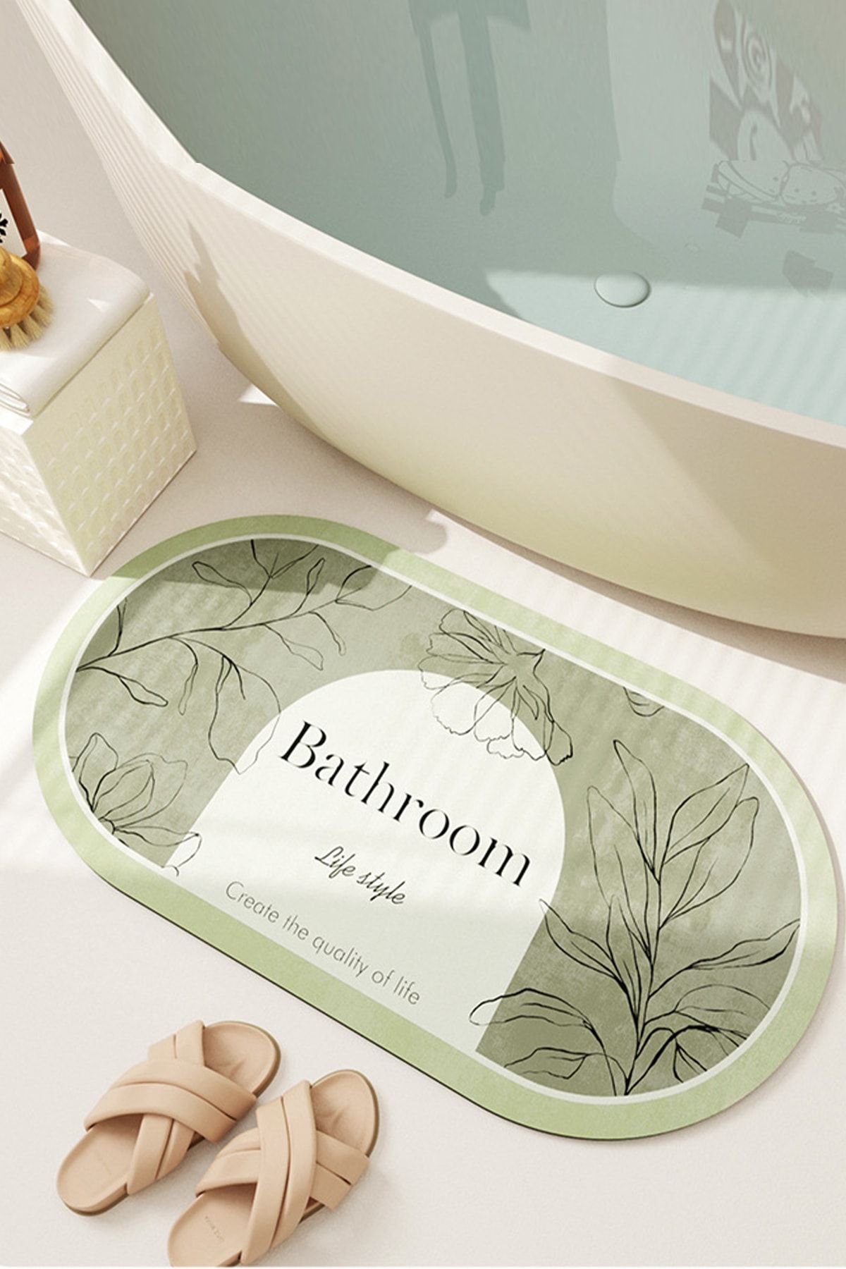 Decomia Home Dijital Kaymaz Yıkanabilir Bath Bathroom Yaprak Banyo Paspası Banyo Halısı (60x100) D8049 Yeşil