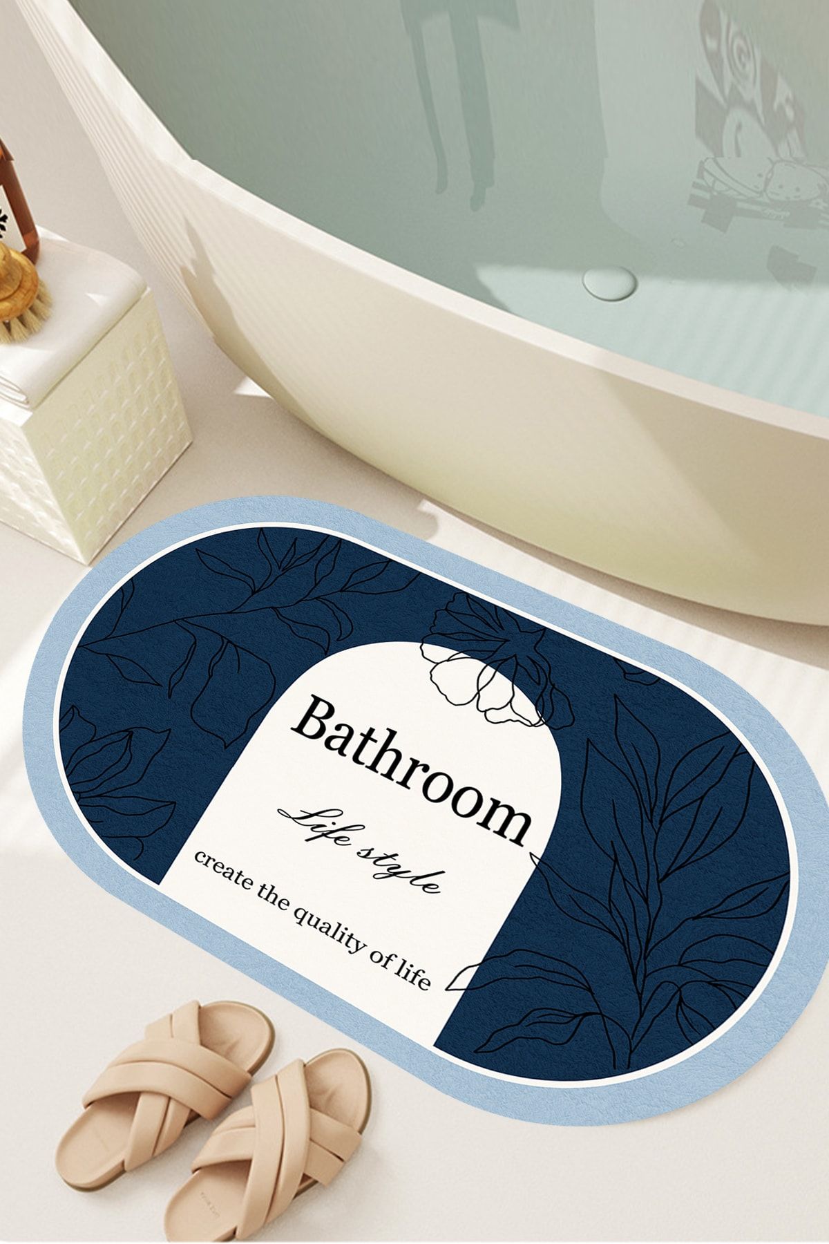 Decomia Home Dijital Kaymaz Yıkanabilir Bath Bathroom Yaprak Banyo Paspası Banyo Halısı 60x100 D8049 Lacivert