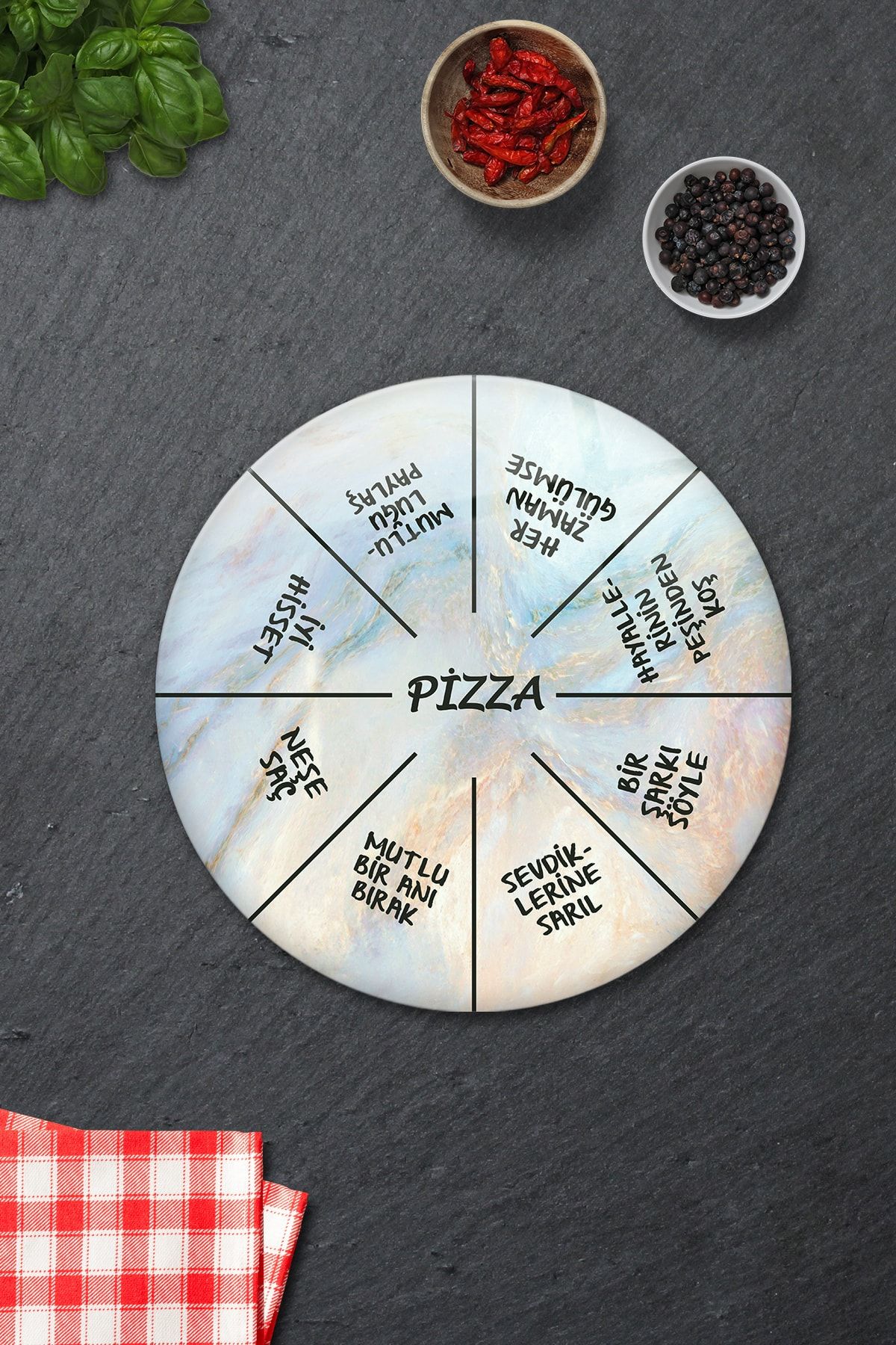 Decorita Pizza Servis Tabağı | Supreme Mermer | Mottolu Pizza Tabağı | Çap 32cm