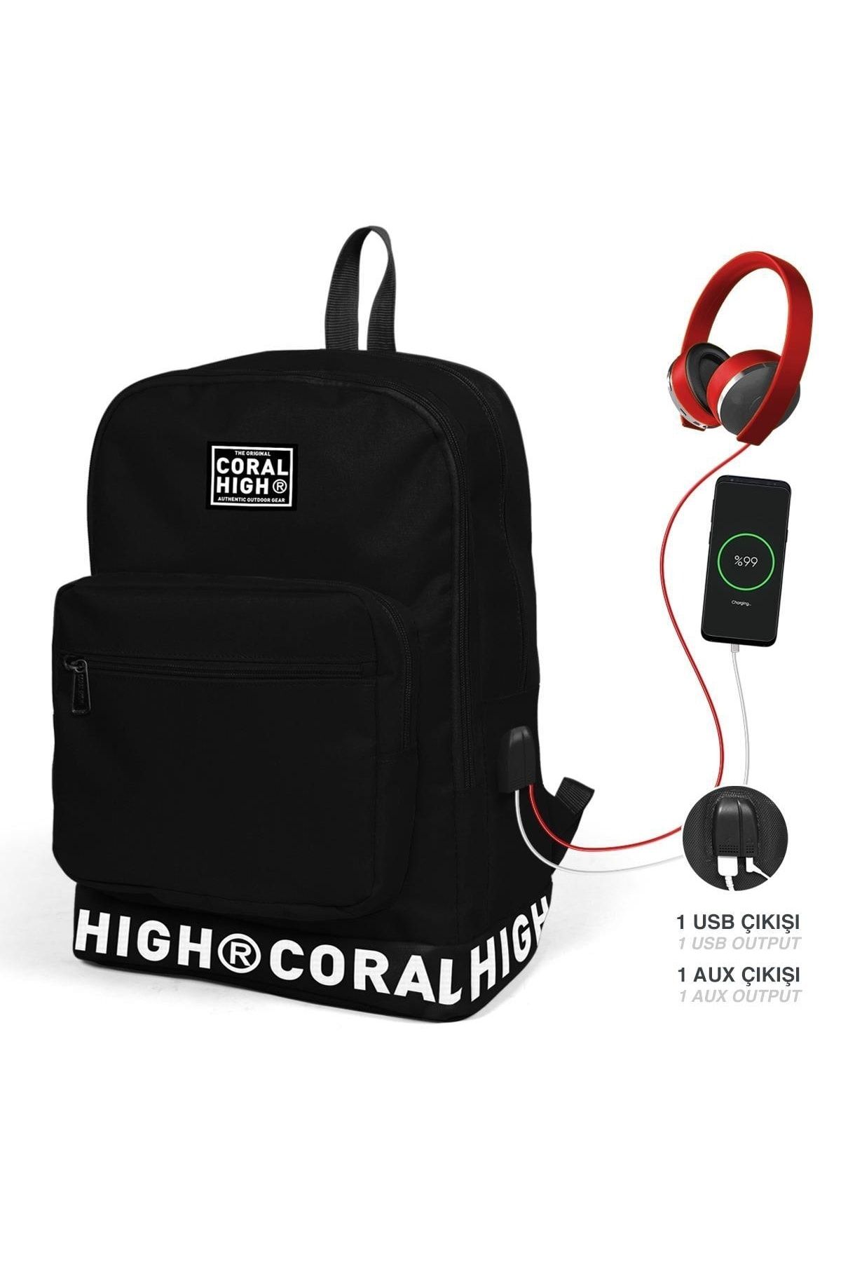 Coral High Siyah Nakış Logolu Dört Bölmeli Usb Şarjlı Kulaklık Çıkışlı Sırt Çantası