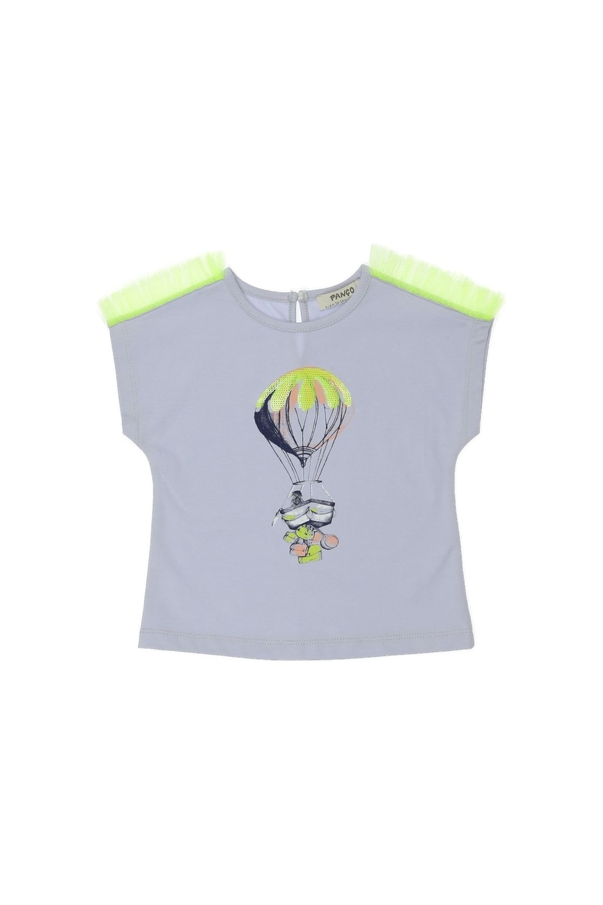 Panço Kız Bebek Kolu Tül Detaylı Baskılı Kısa Kollu T-shirt