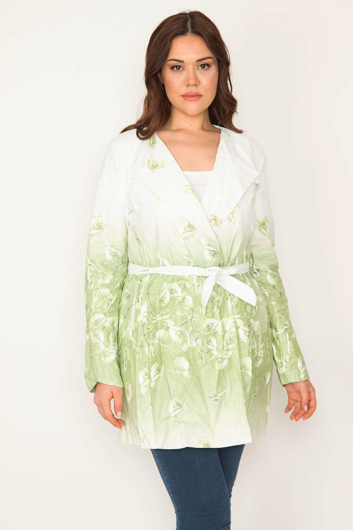 Şans Tekstil Kadın Yeşil Çiçek Desenli Astarsız Ince Kap 85n7196