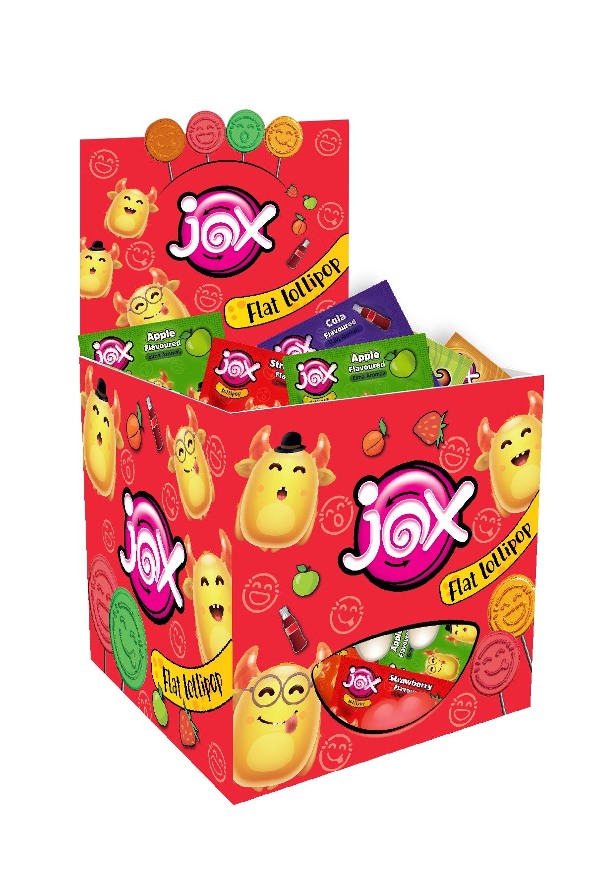 JOX Flat; Kabartmalı Yüz Ifadeli Çilek,kola,şeftali,elma Aromalı Yassı Lolipop 6,2 grx150adet/1 Kutu