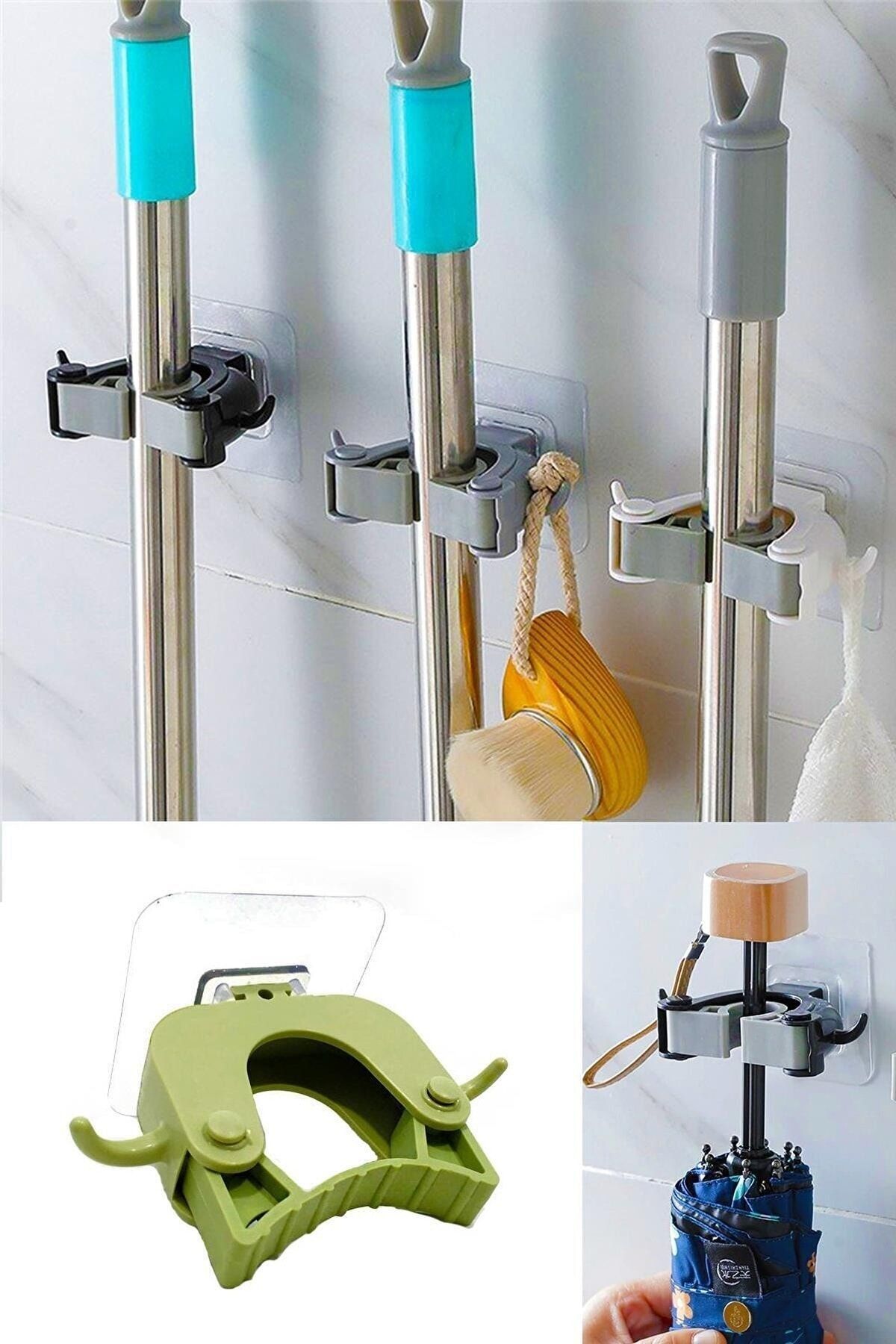 ESTİ 3 Adet - Paspas Süpürge Fırça Ve Mop Askısı Sap Tutucu Mutfak Banyo Askı