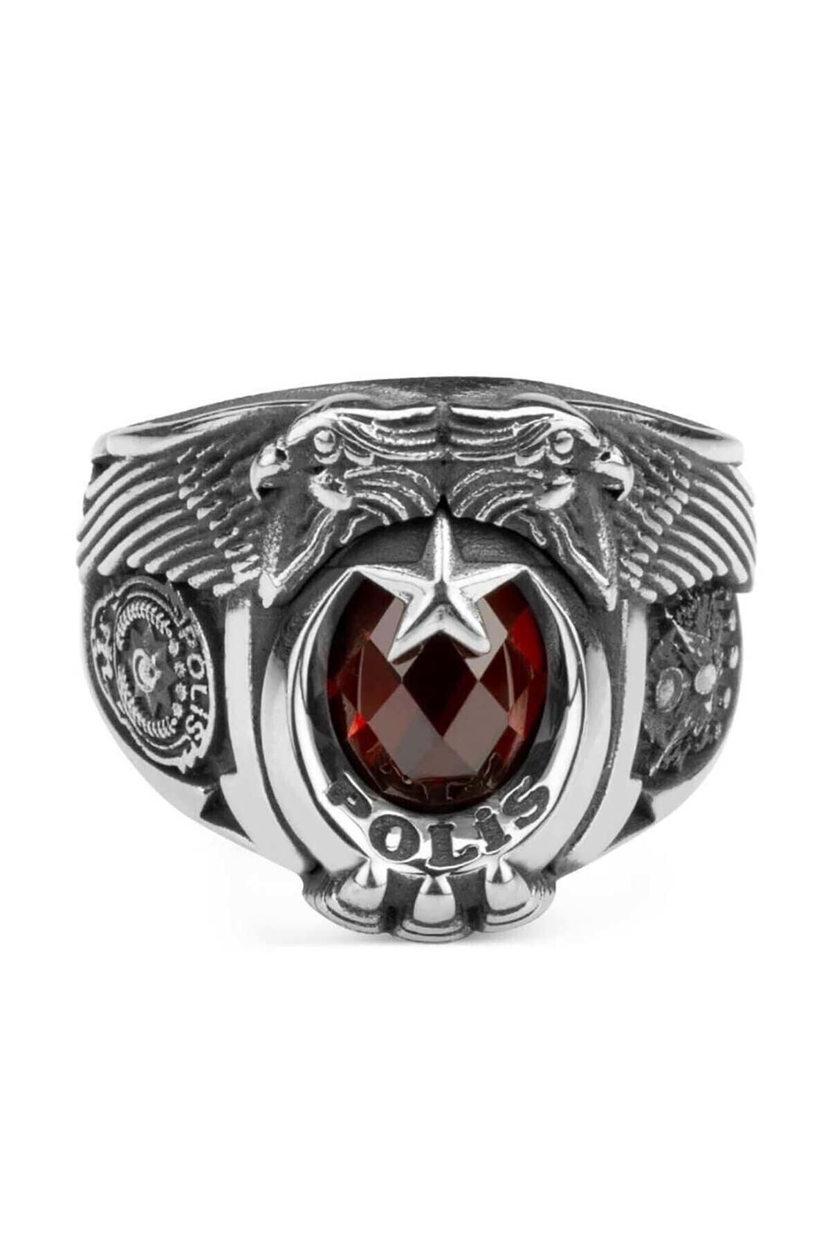 Anı Yüzük Kırmızı Taşlı Çift Kartal Baş Firgürlü Osmanlı Armalı Pençeli 925 Ayar Gümüş Polis Yüzüğü