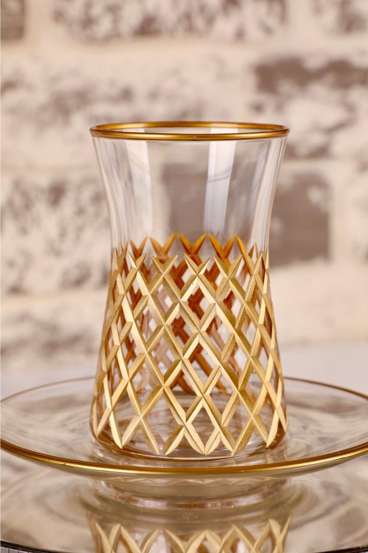 Paşabahçe 12 Parça Altınlı Kristalize Kesme Sanatı Çay Bardağı Çay Takımı Seti
