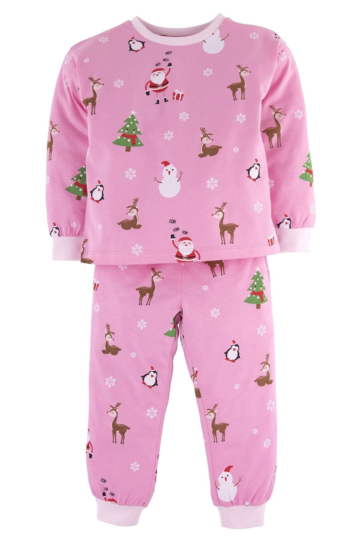 Mamino Kız Çocuk %100 Pamuk Yılbaşı Geyik Ve Kardan Adam Pijama Takımı