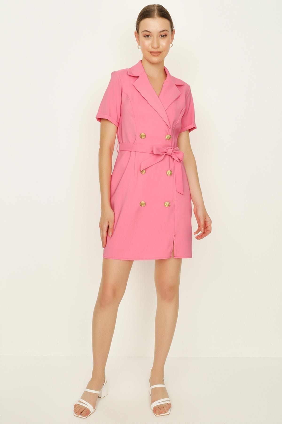 Select Moda Kadın Pembe Düğme Detaylı Kuşaklı Ceket Elbise