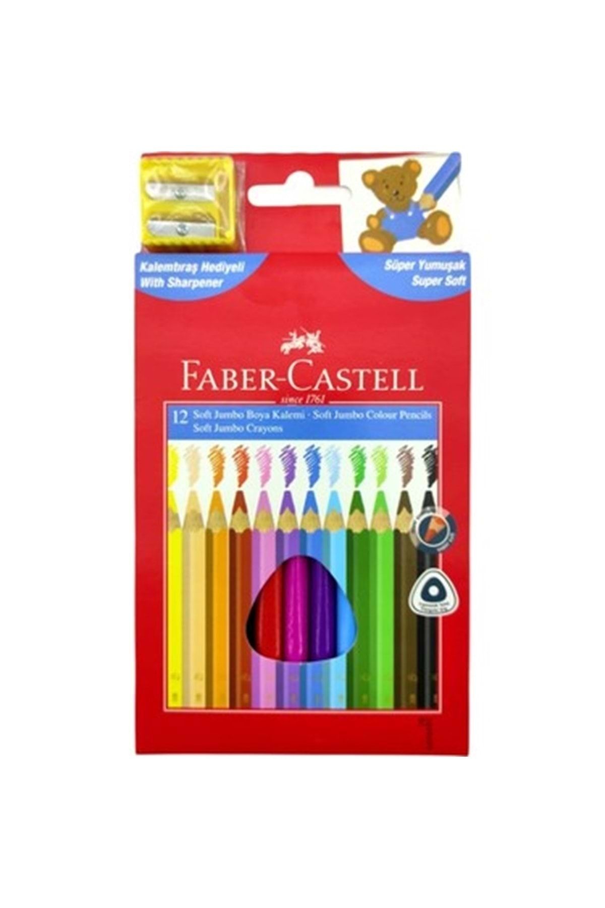 Faber Castell 12 Renk Jumbo Üçgen Kuruboya Kalemtraş Hediyeli
