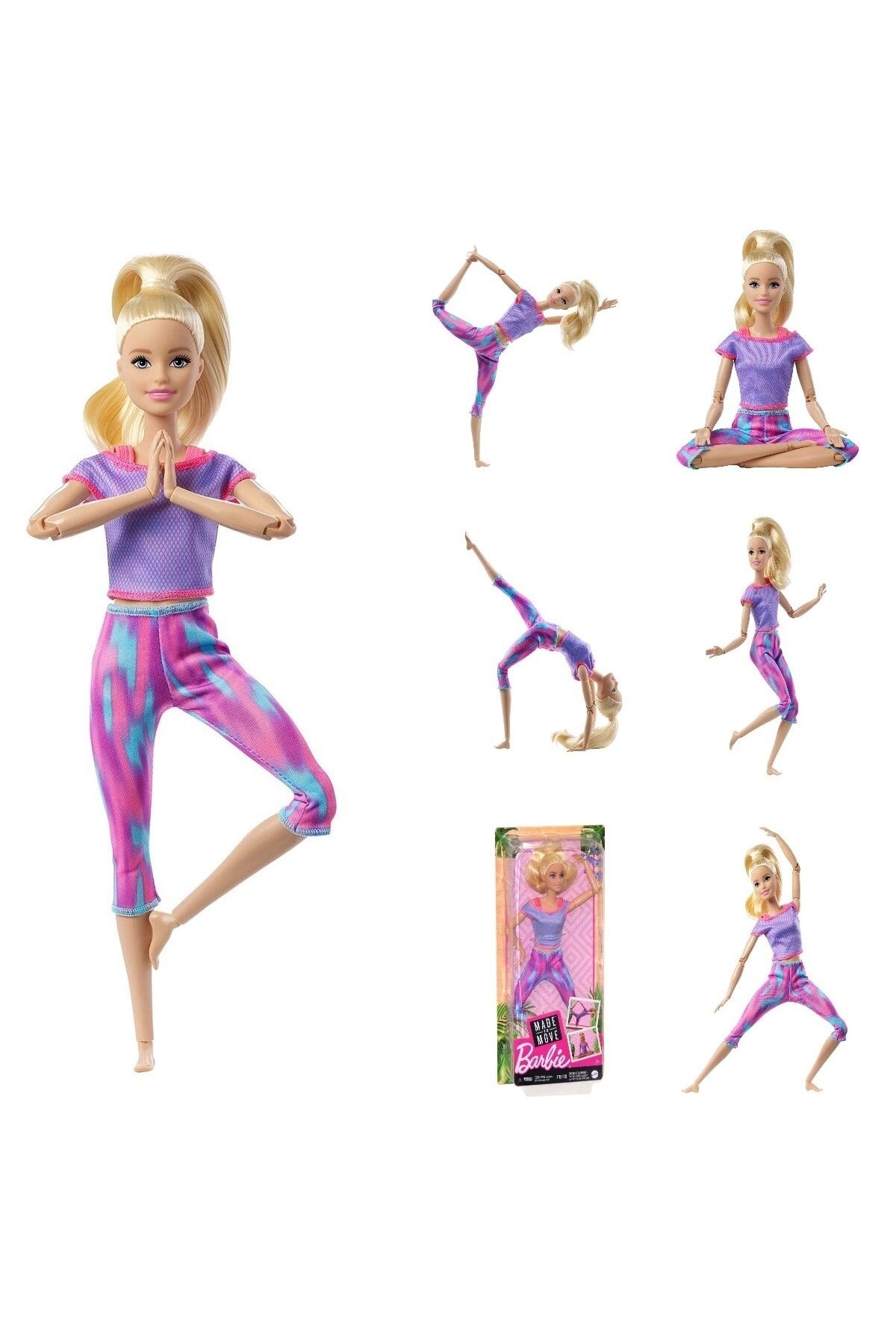 Mattel Barbie Sonsuz Hareket Eklemli Bebek Spor Yapan Sarışın Desenli Taytlı Barbie Lila Lisanslı Barbie