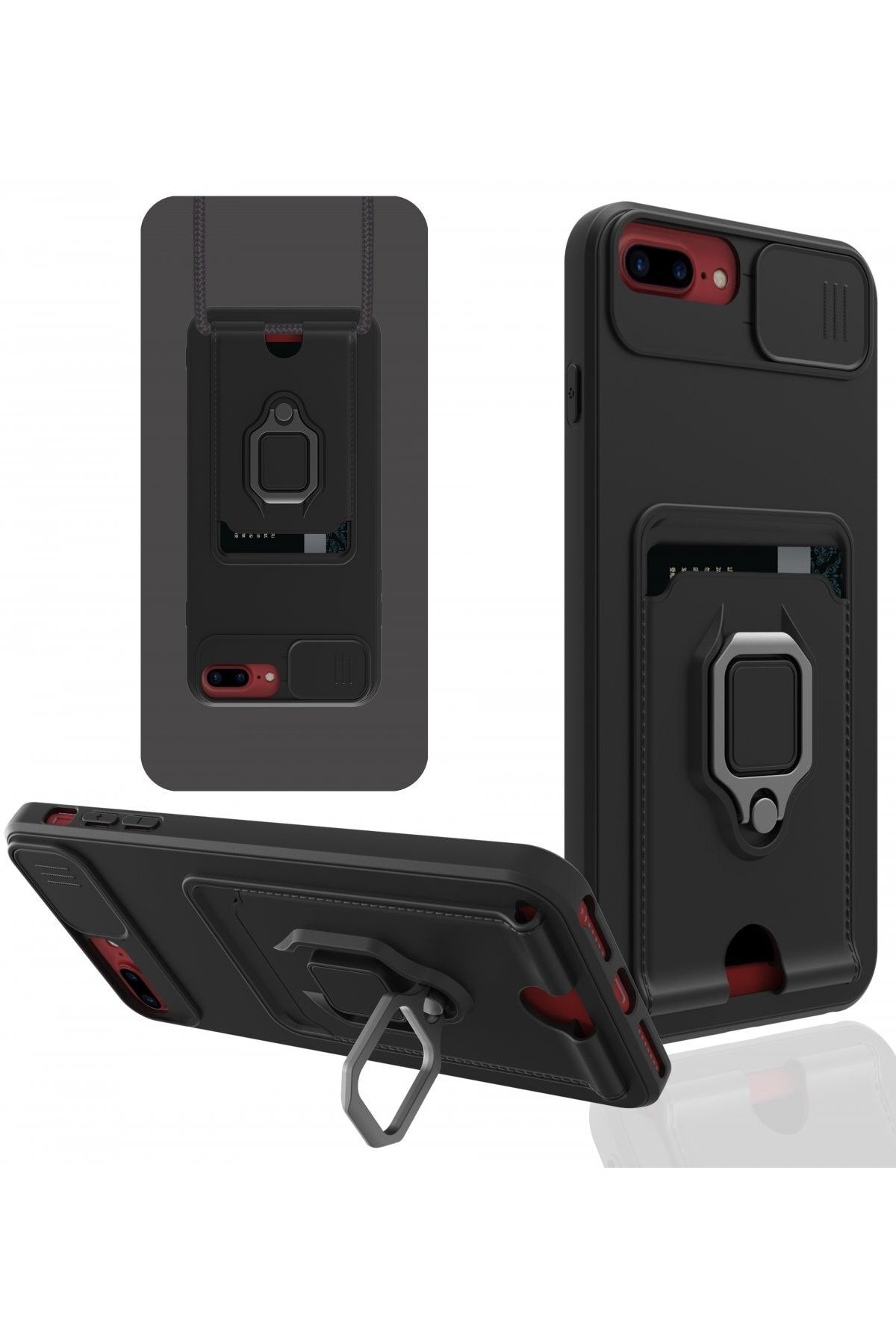 AQUA AKSESUAR Iphone 7 Plus Uyumlu Kılıf Kart Bölmeli Ipli Yüzüklü Askılı Kılıf - Siyah