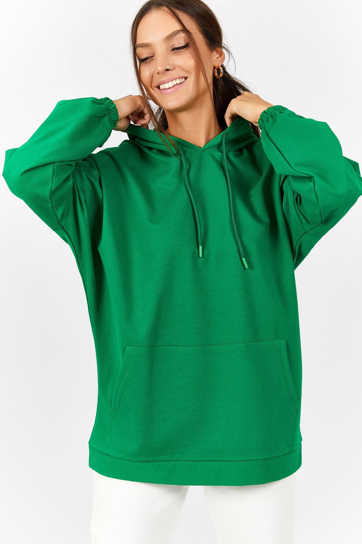 armonika Kadın Yeşil Kapişonlu Cepli Sweatshirt ARM-21K024027