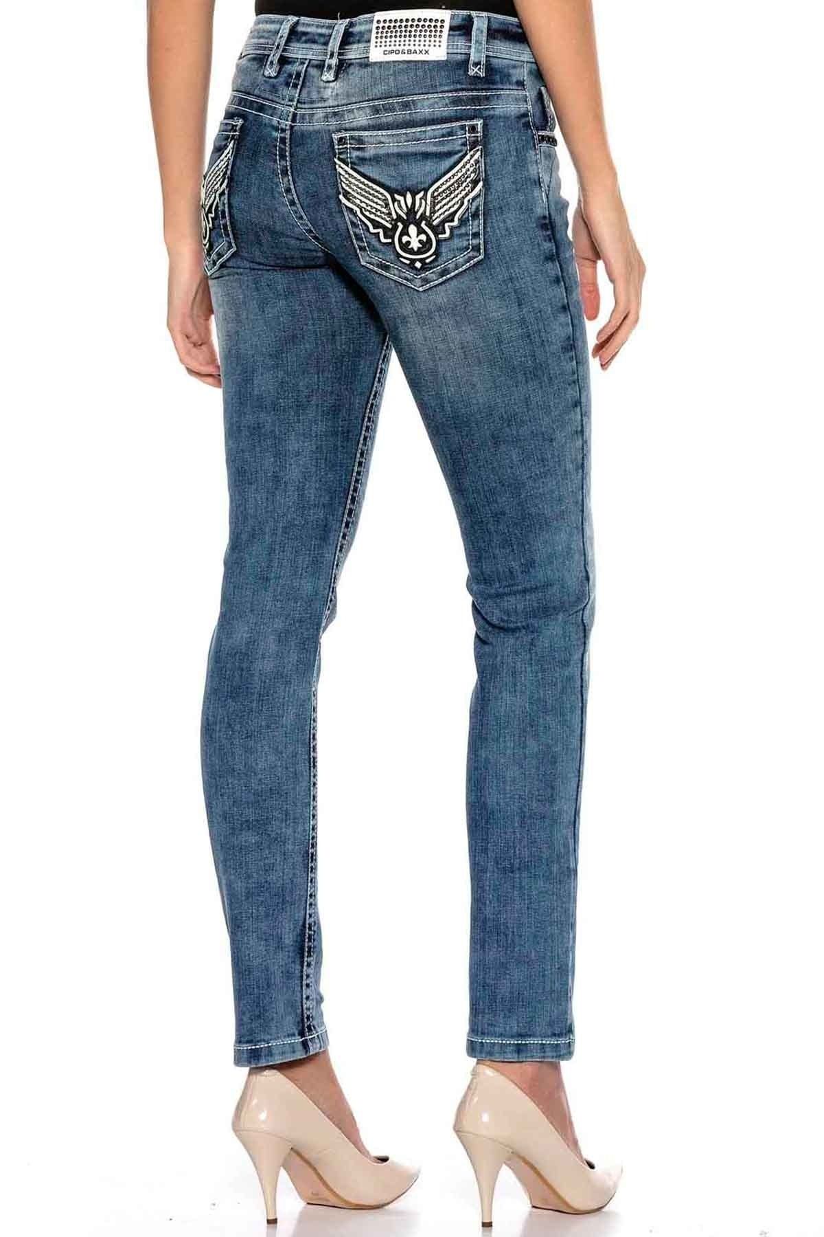 Cipo&Baxx Wd401 Taşlı Kanatlı Cep Detaylı Mavi Jeans Pantolon