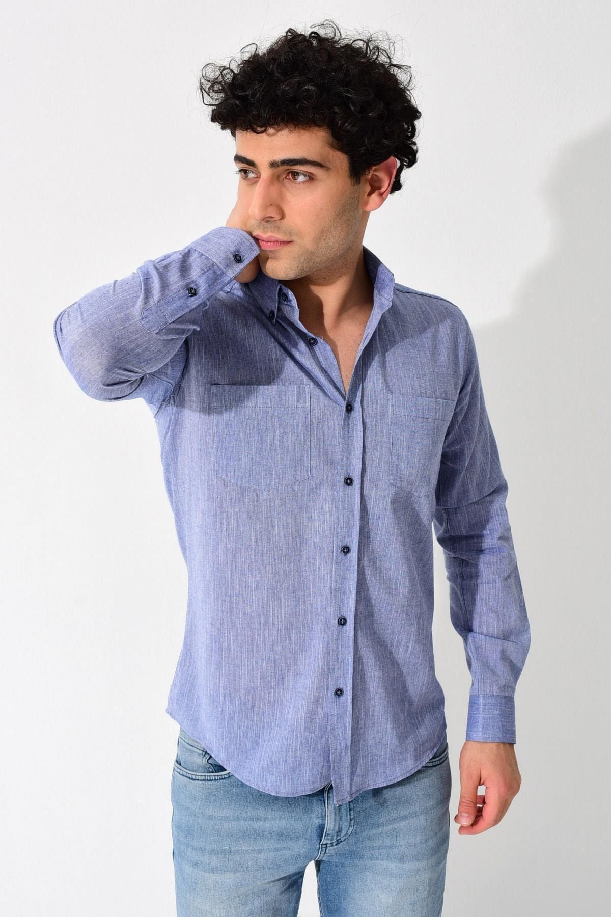 Tena Moda Erkek Koyu Mavi Uzun Kollu Düz Melanj Keten Çift Cepli Normal Fit Gömlek