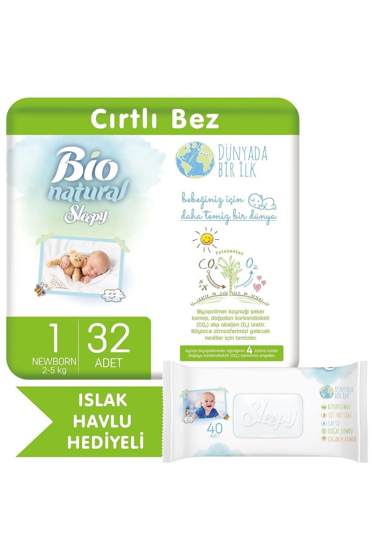 Sleepy Bio Natural Bebek Bezi 1 Numara Yenidoğan 32 Adet + Bio Natural Islak Havlu Hediyeli