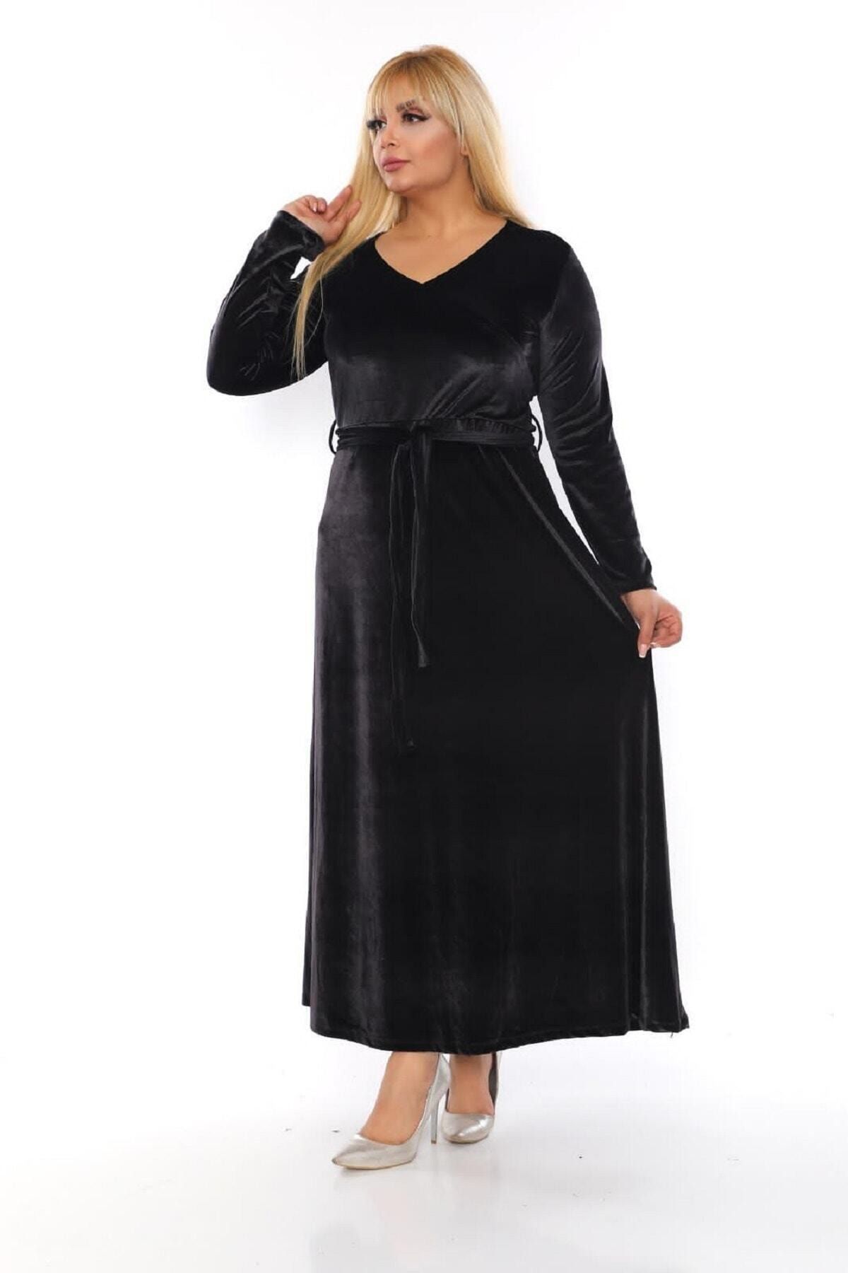 Şirin Butik Kadın Siyah Kruvaze Yaka Kadife Uzun Elbise
