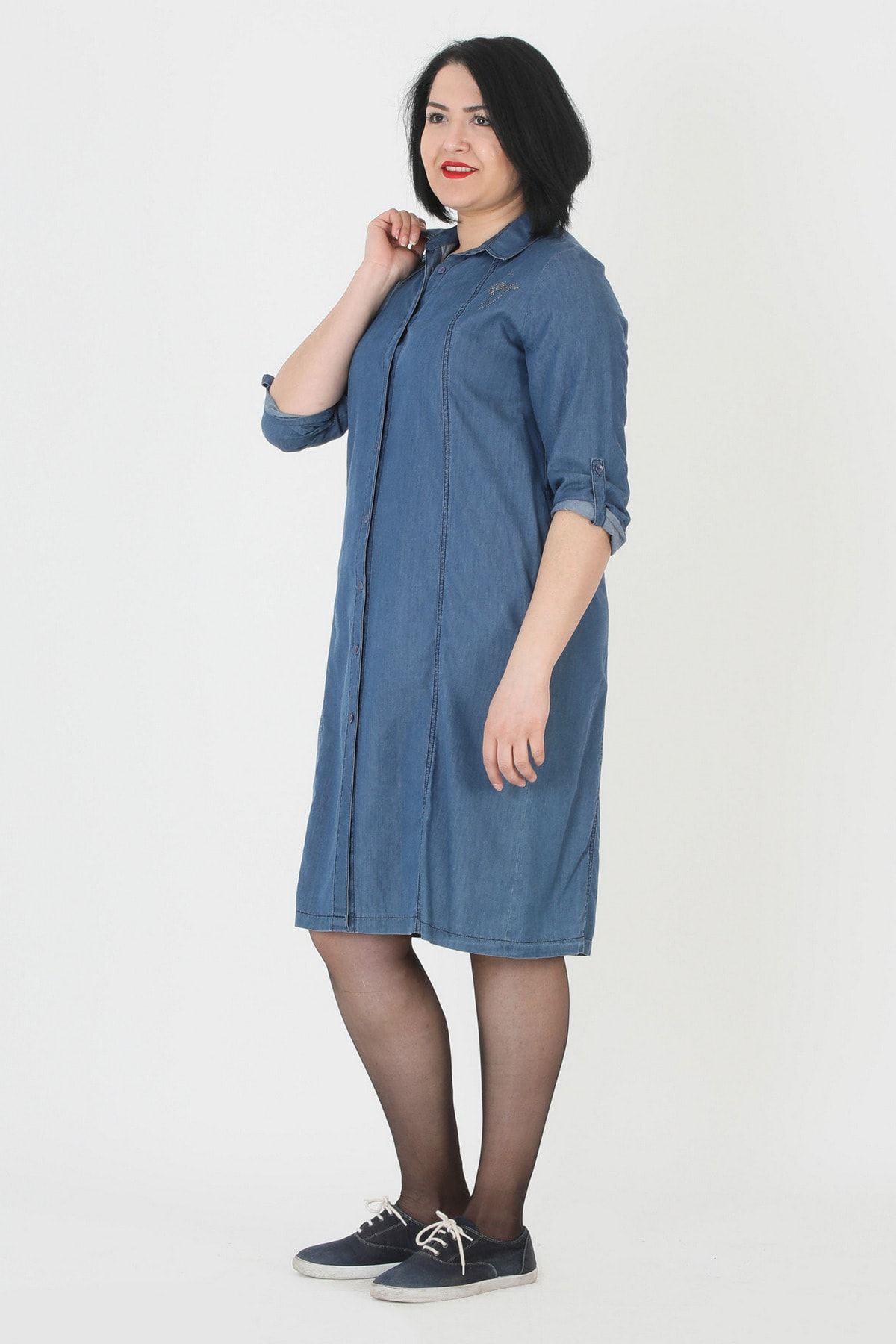 Günay Kadın Elbise Lm64390 Ilkbahar Yaz Gömlek Tip Jean Spor-mavi