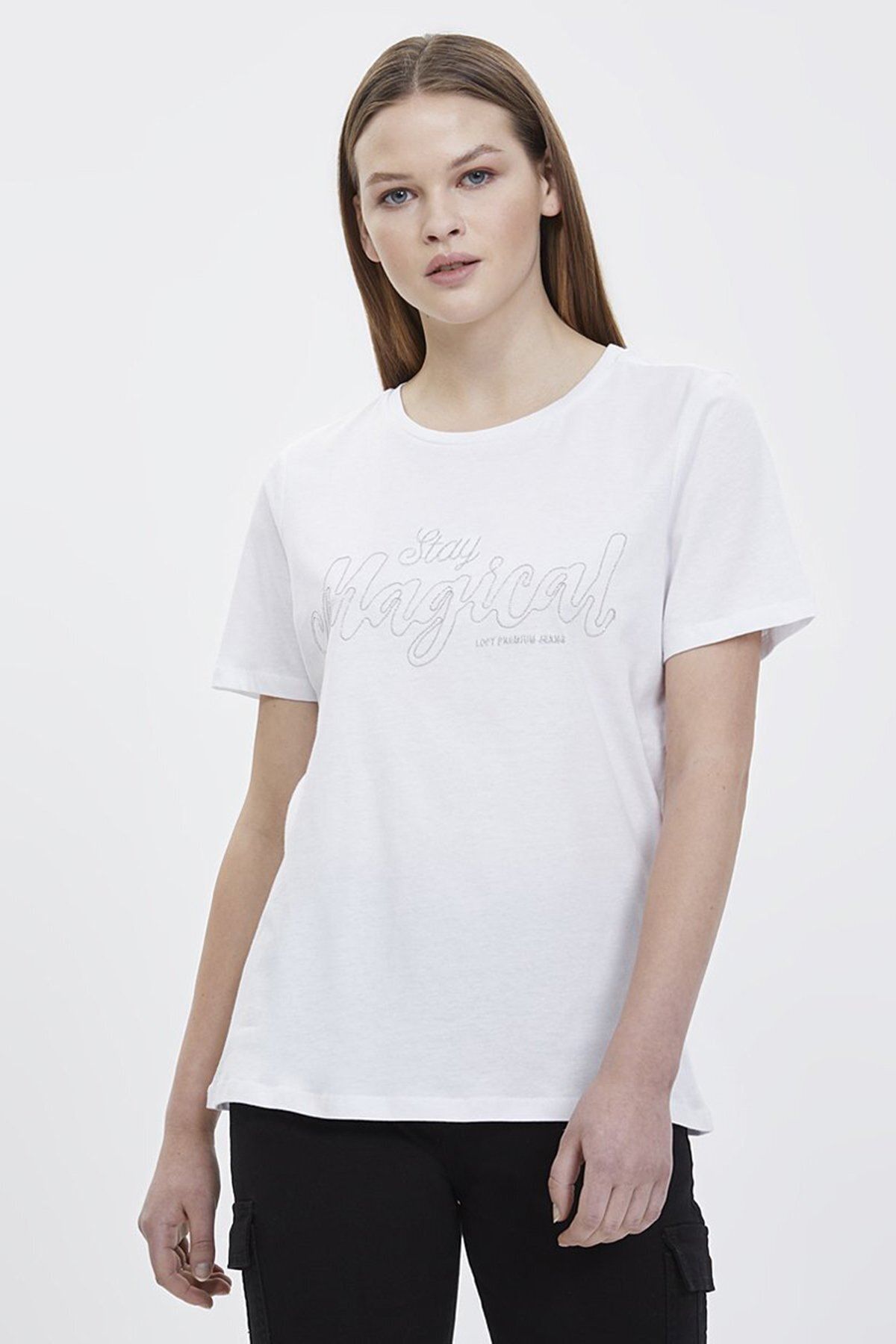 Loft Kadın Slim Fit Baskılı Beyaz T-shirt Lf2023930