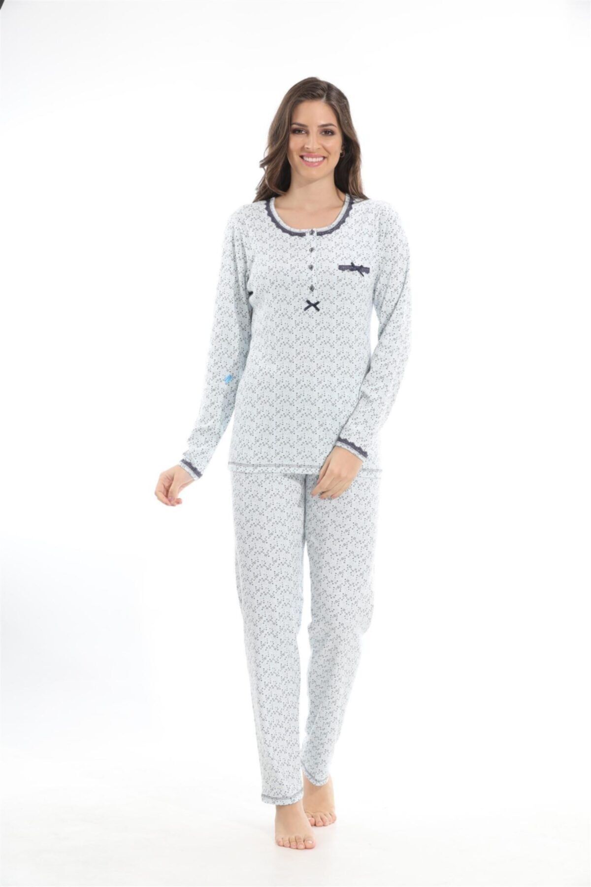 Etoile 98157 Ribana Pamuklu Kadın Uzunkol Pijama Takımı Mavi