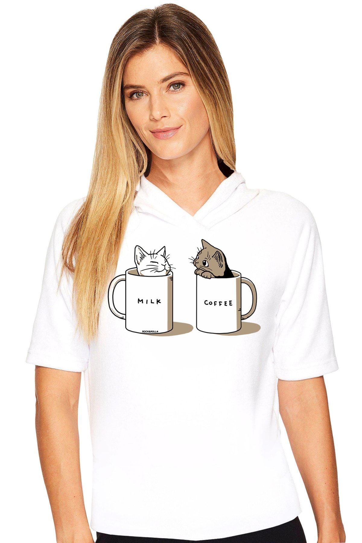 ROCKANDROLL Kadın Beyaz Sütlü Sade Kapüşonlu Kısa Kollu T-shirt