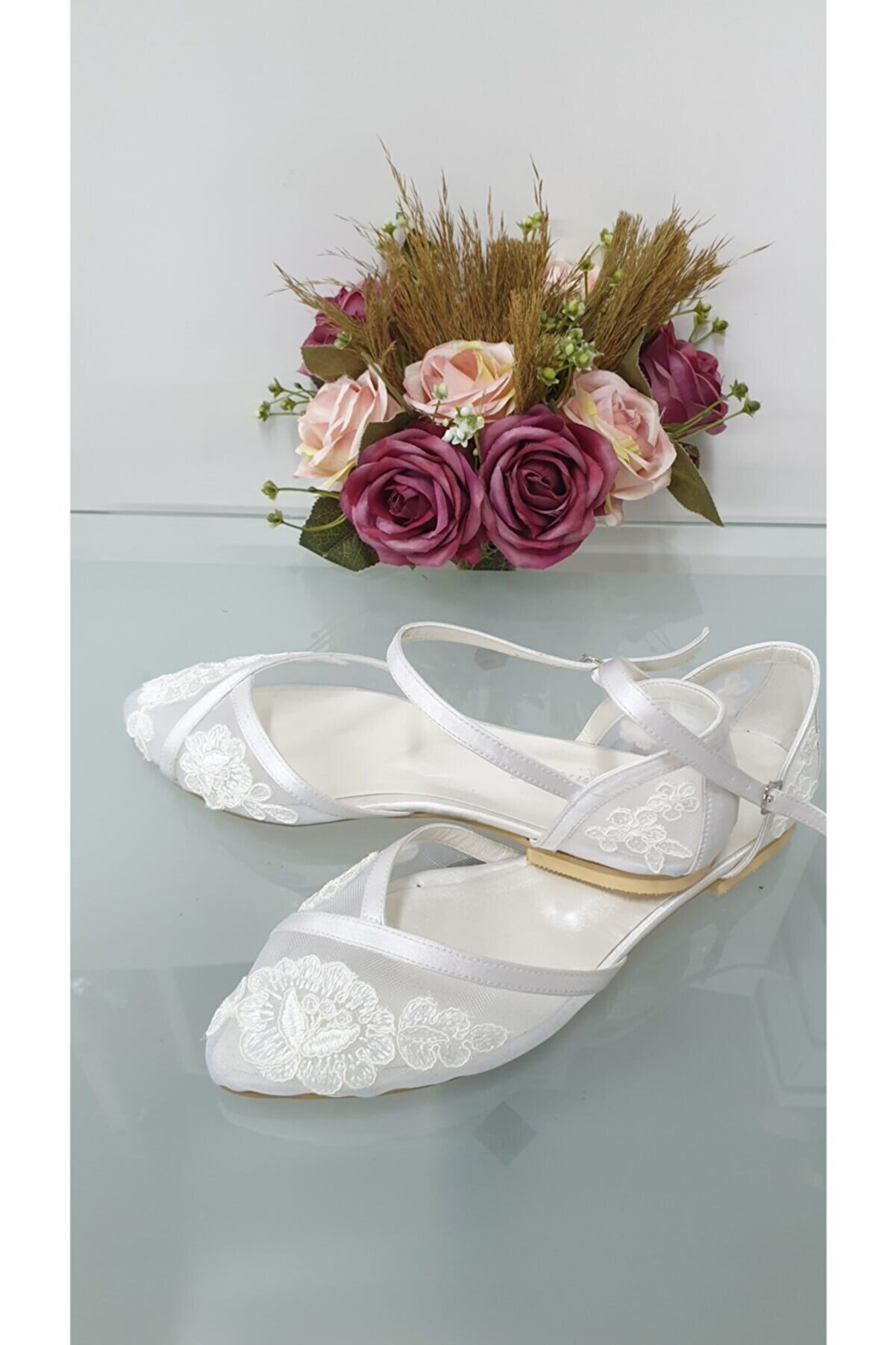 Almera's Shoes Kadın Beyaz Güpürlü Gelin Babeti B0635