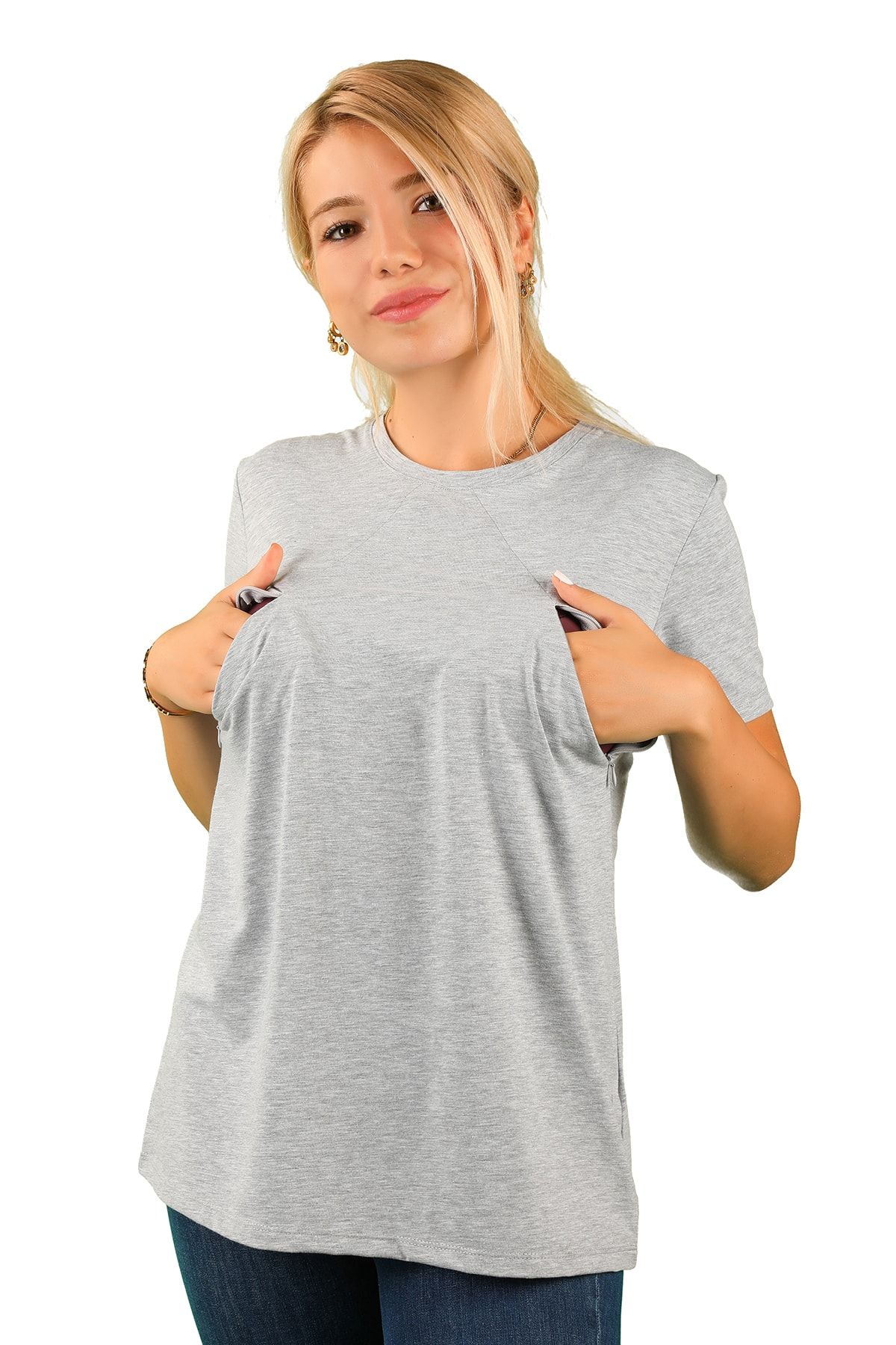 BALİNS Kadın Fermuarlı Emzirme T-shirt Gri
