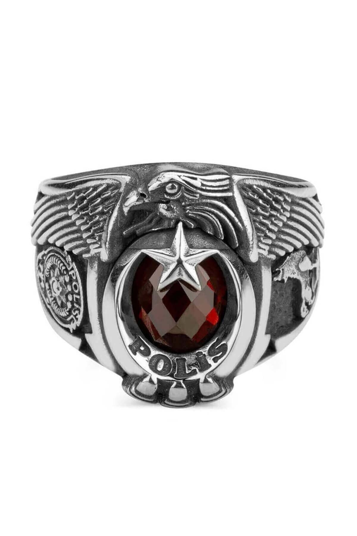 Anı Yüzük Tek Kartal Baş Bozkurt Figürlü 925 Ayar Polis Yüzüğü Kırmızı Zirkon Taşlı Gümüş Özel Tasarım