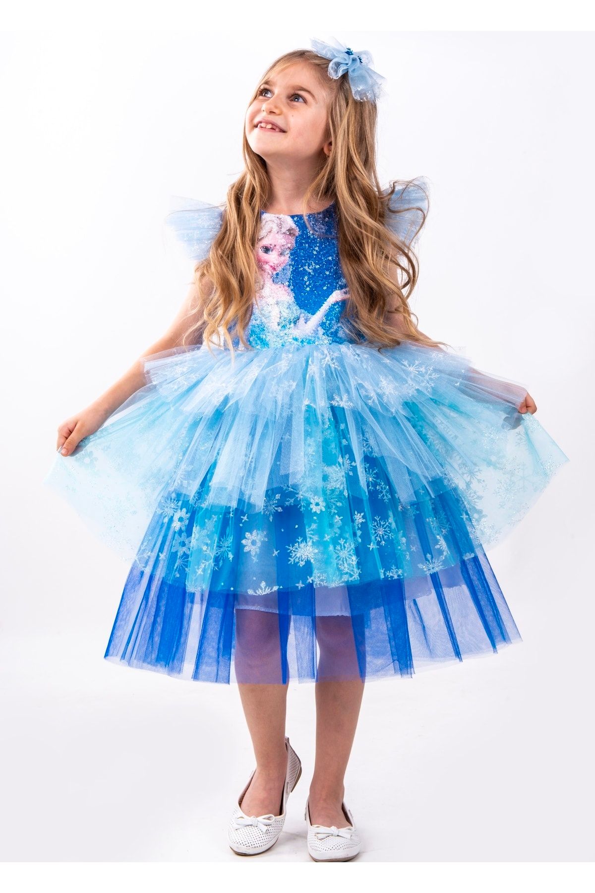 MiniBal Pul Baskılı Elsa Karlar Kraliçesi Kız Çocuk Parti Elbisesi