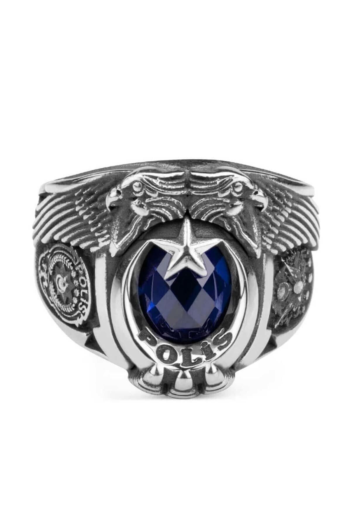 Anı Yüzük Mavi Taşlı Çift Kartal Baş Firgürlü Osmanlı Armalı Pençeli 925 Ayar Gümüş Polis Yüzüğü