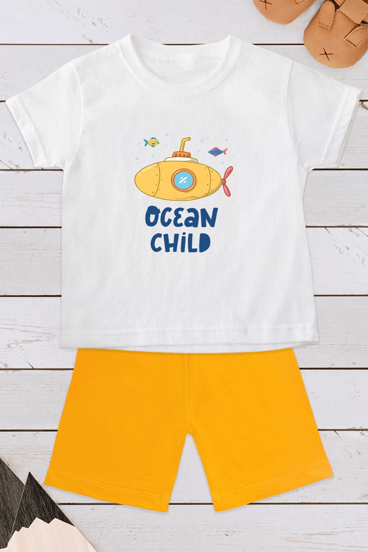 Kio Tasarım Ocean Child Desenli Yenidoğan Bebek Şort Tişört Şortlu Takım Anneye Bebeğe Hediye Doğum Hediyesi